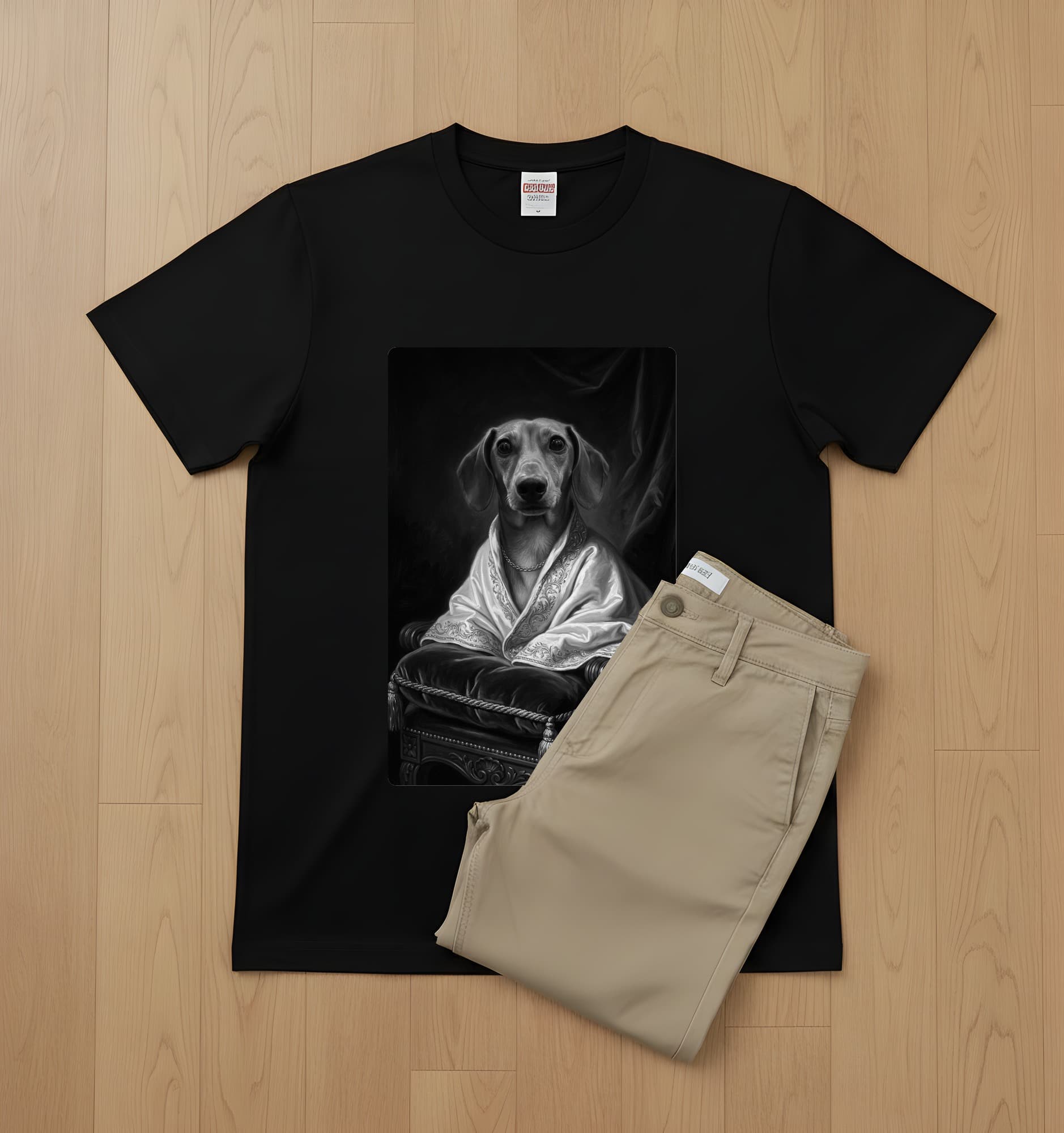 miniature dachshund Renaissance Portrait T-Shirt (Black, Monochrome Print, No Frame) 2