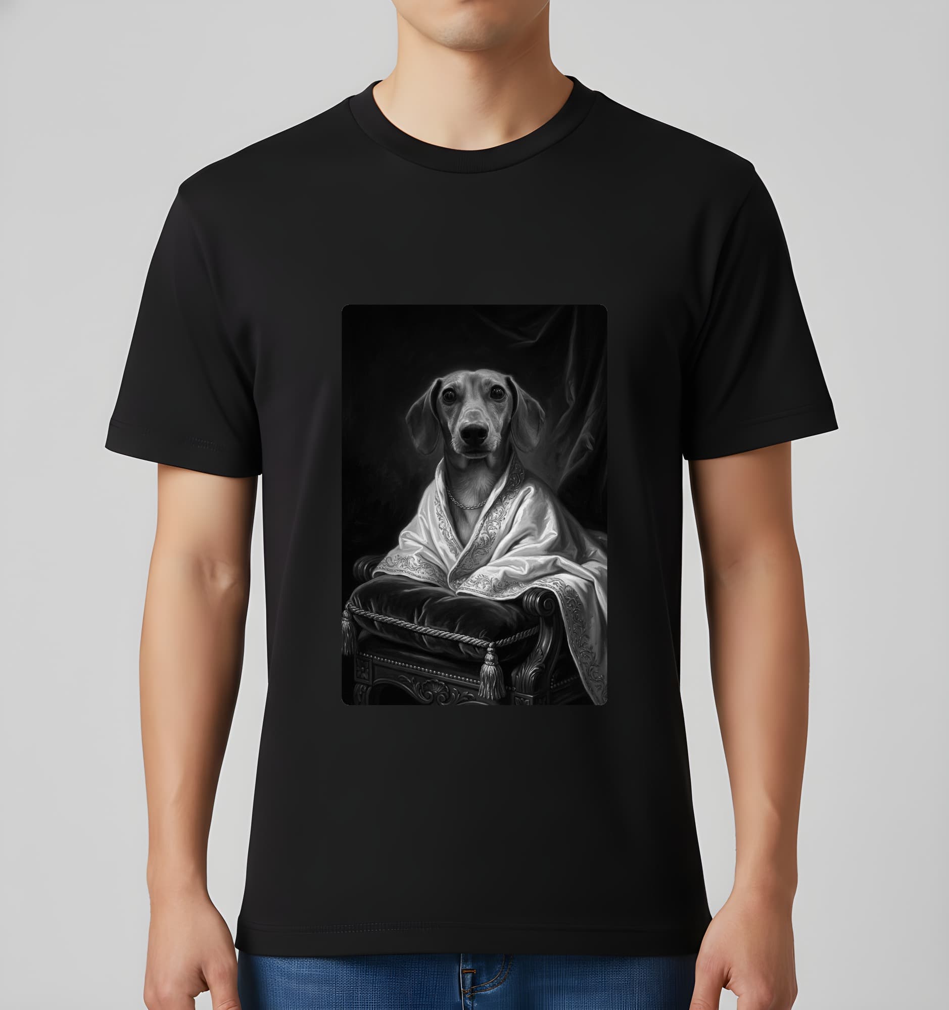 miniature dachshund Renaissance Portrait T-Shirt (Black, Monochrome Print, No Frame) 3