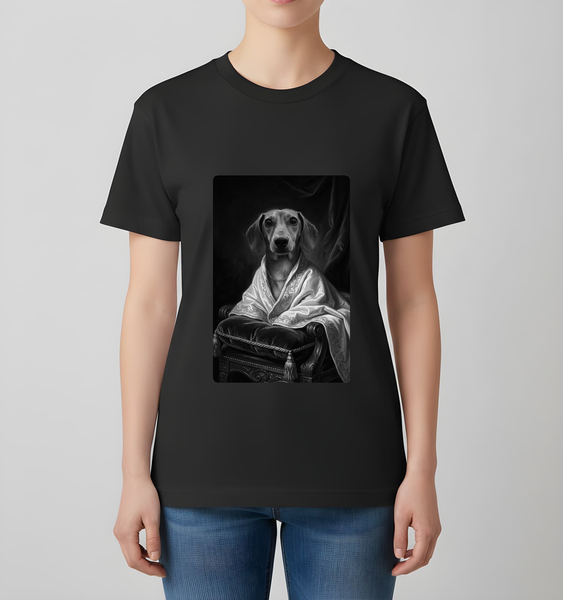 miniature dachshund Renaissance Portrait T-Shirt (Black, Monochrome Print, No Frame) 4