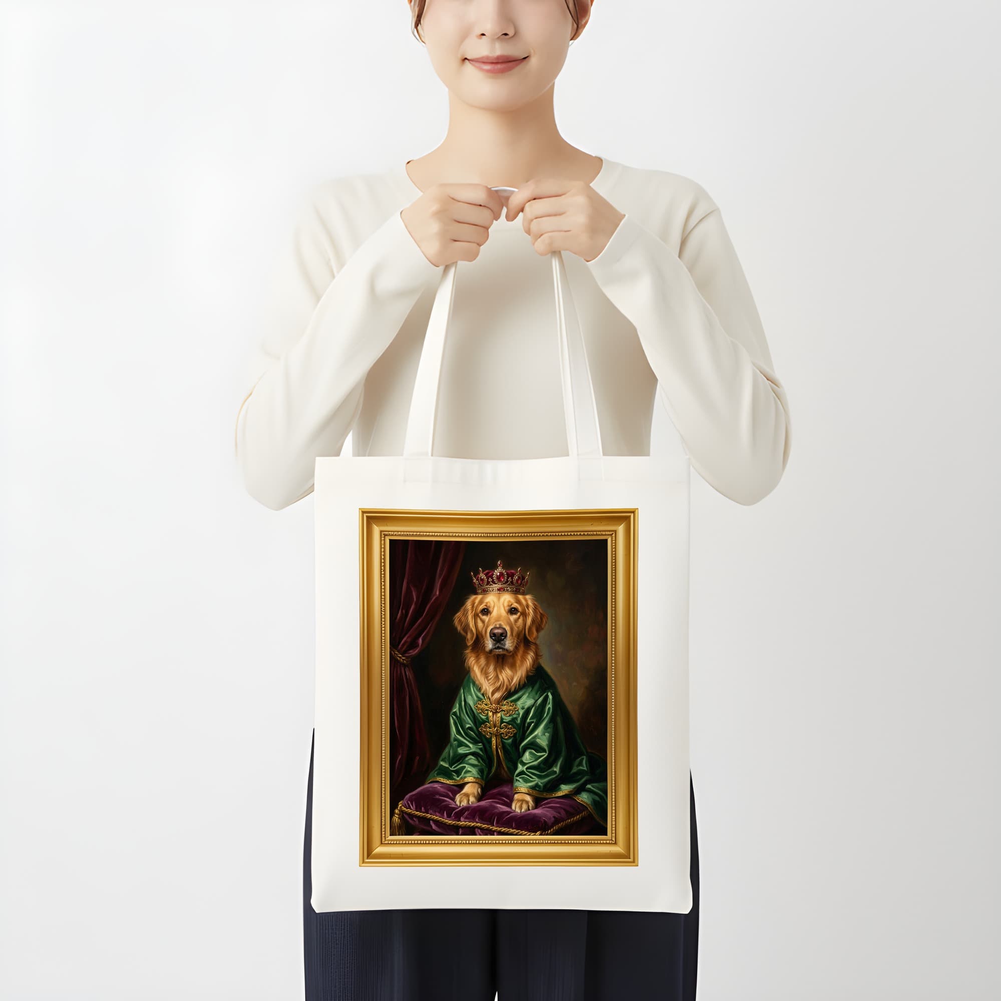 ゴールデンレトリバーのルネサンス肖像画トートバッグ(カラープリント・額縁デザインあり) 3