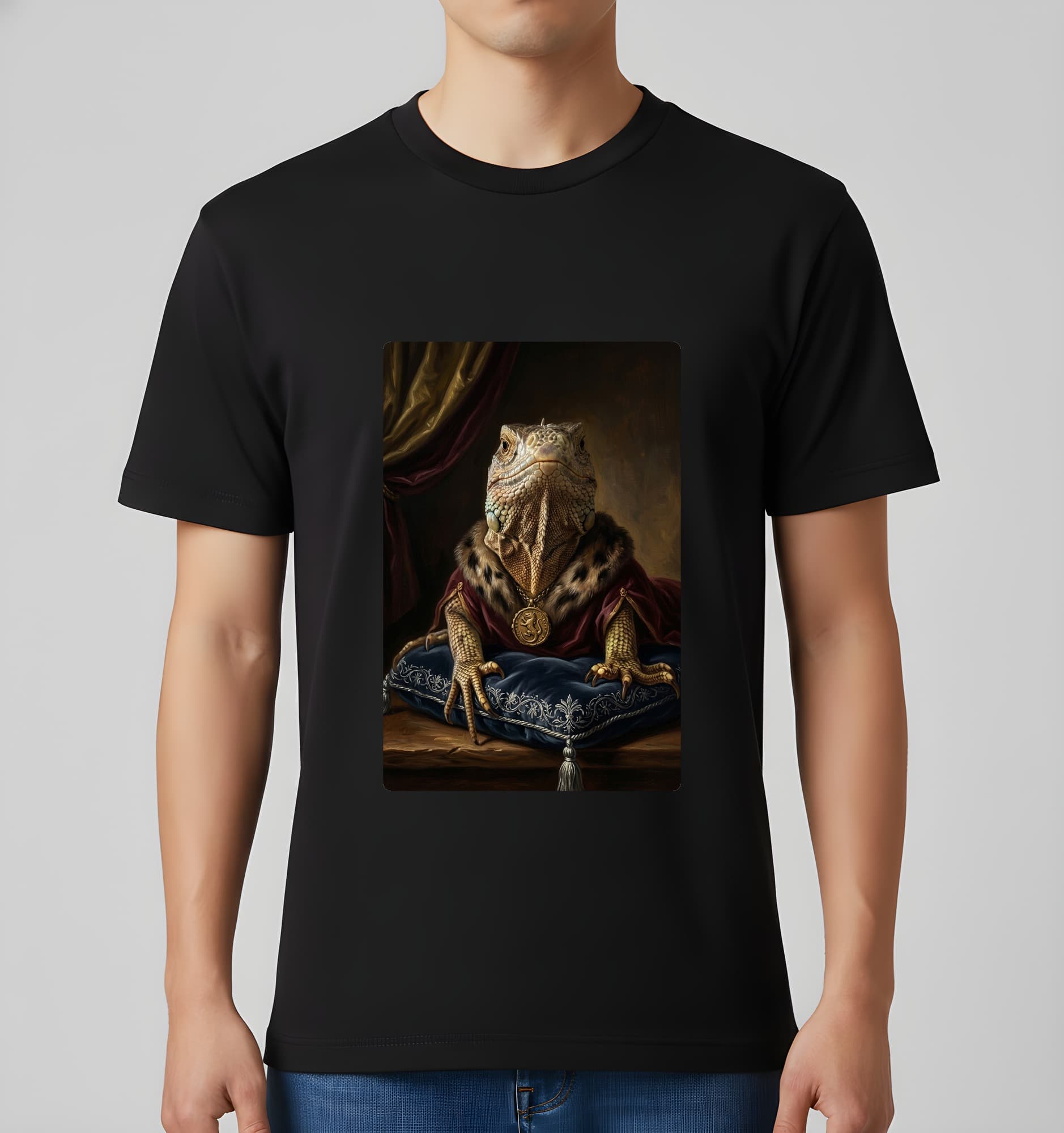 トゲオイグアナのルネサンス肖像画Tシャツ(ブラック・カラープリント・額縁なし) 3