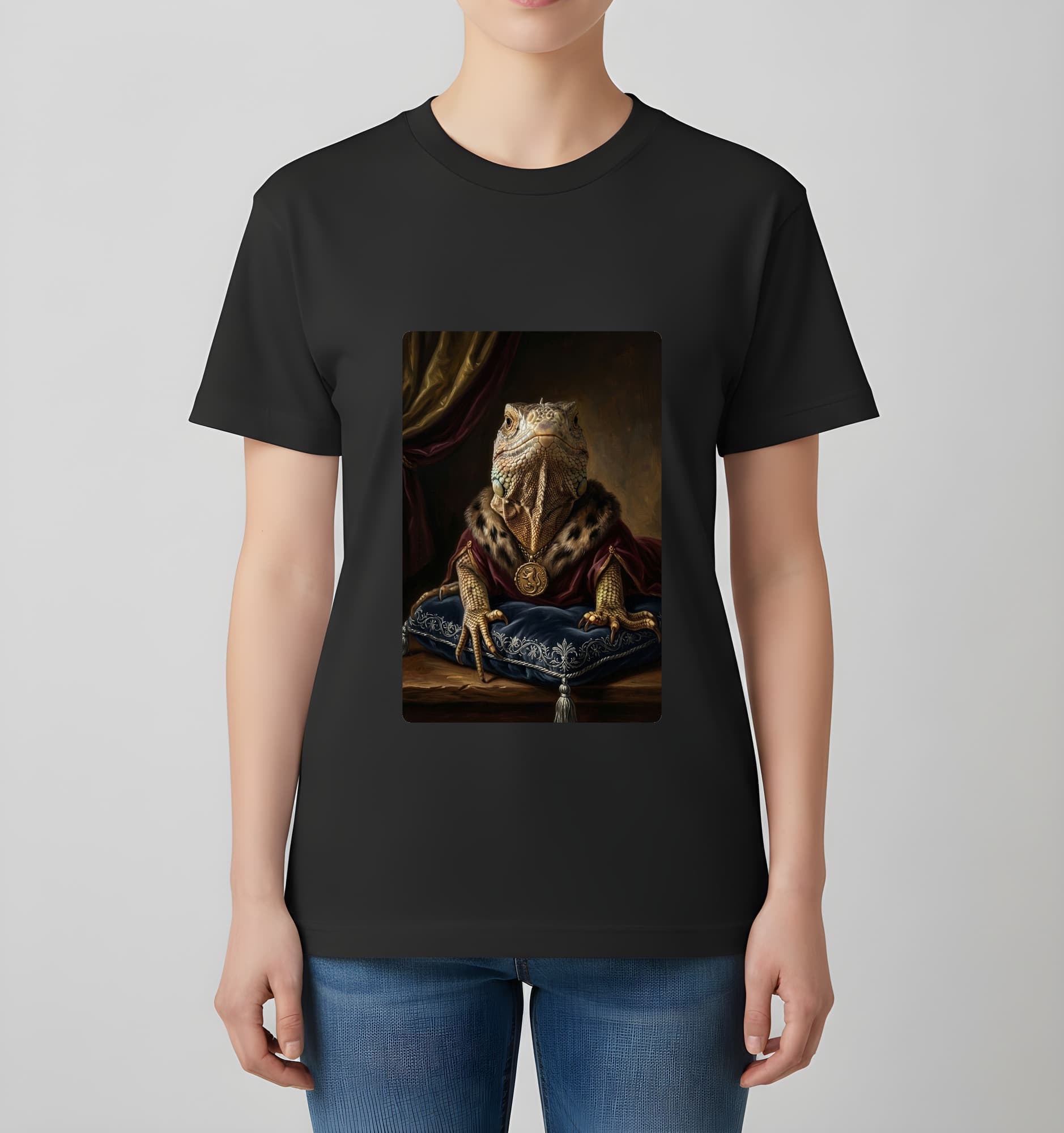 トゲオイグアナのルネサンス肖像画Tシャツ(ブラック・カラープリント・額縁なし) 4