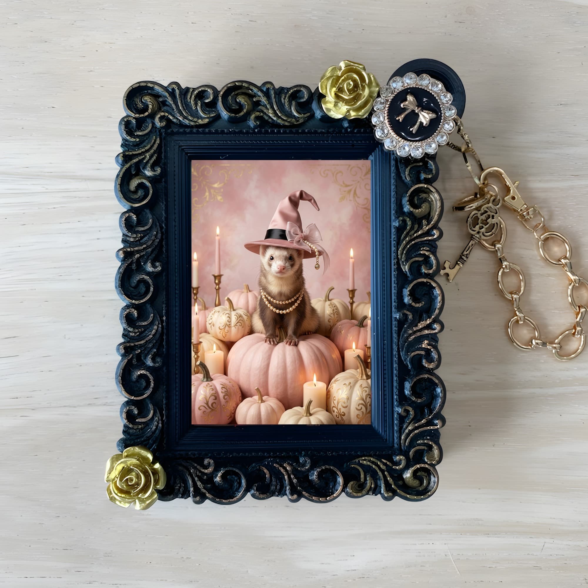 Ferret Pumpkin & Candlelight Oil-Painting Halloween Bag Charm (Black)