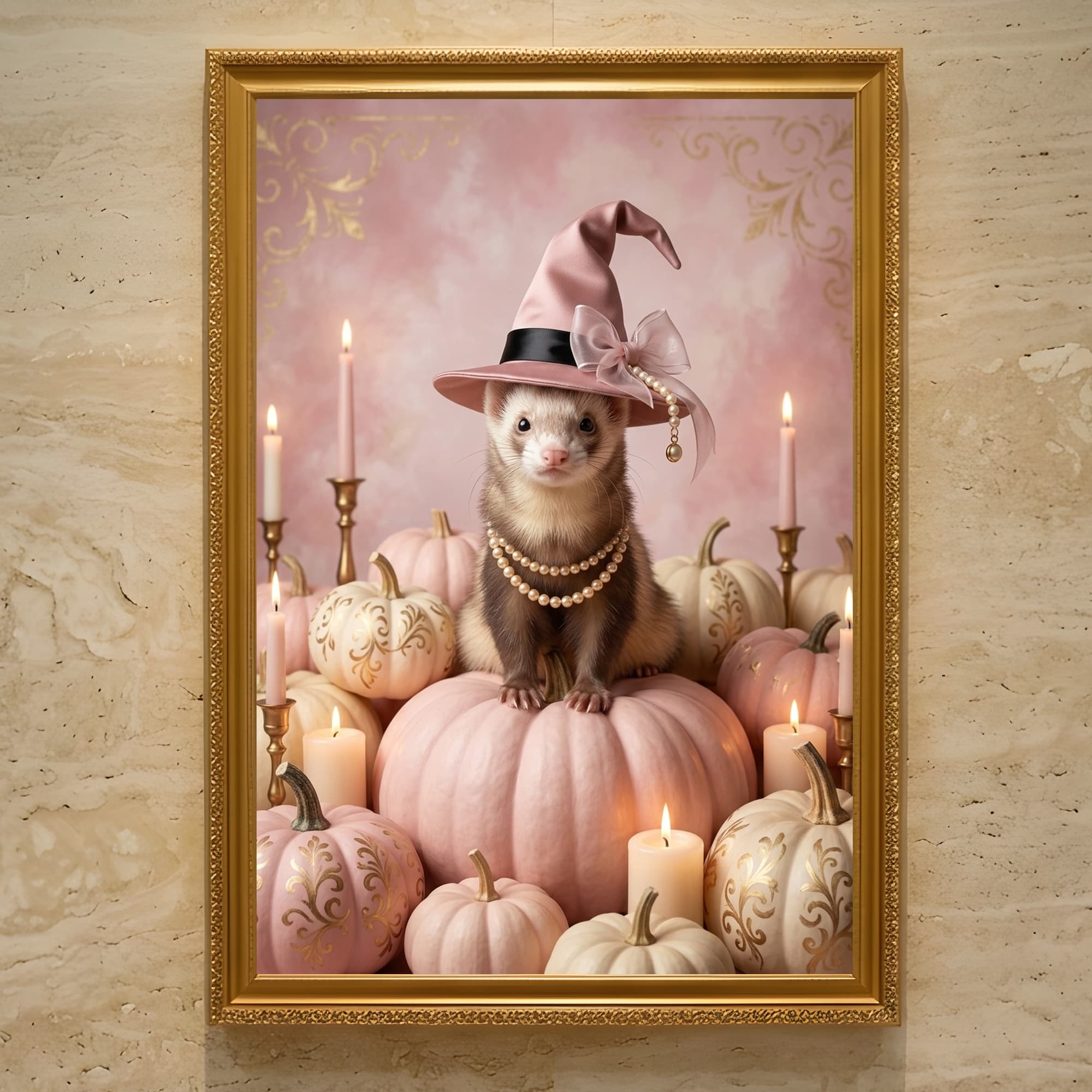 フェレットのかぼちゃとキャンドルの油絵風アートハロウィン額装プリント(A3サイズ)
