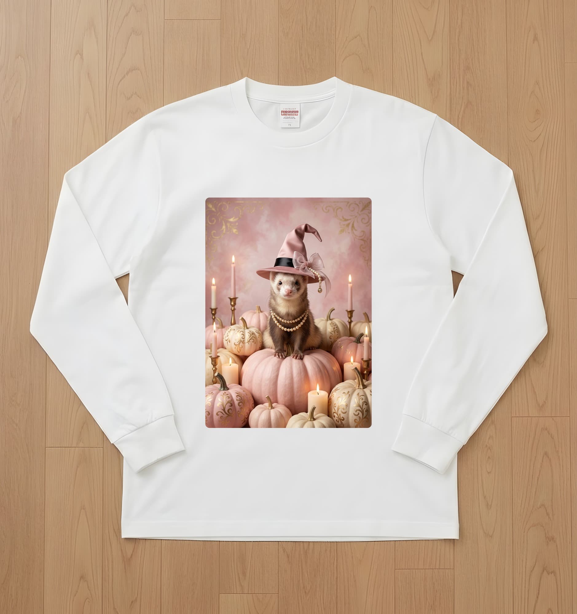 フェレットのかぼちゃとキャンドルの油絵風アートハロウィン長袖Tシャツ(ホワイト)