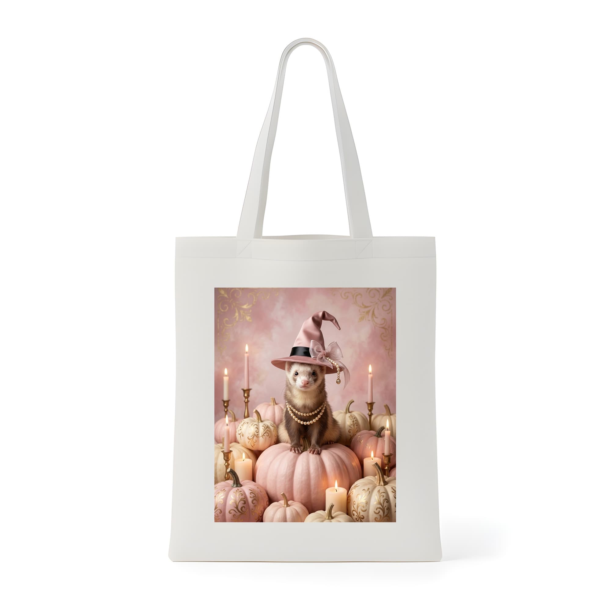 フェレットのかぼちゃとキャンドルの油絵風アートハロウィントートバッグ