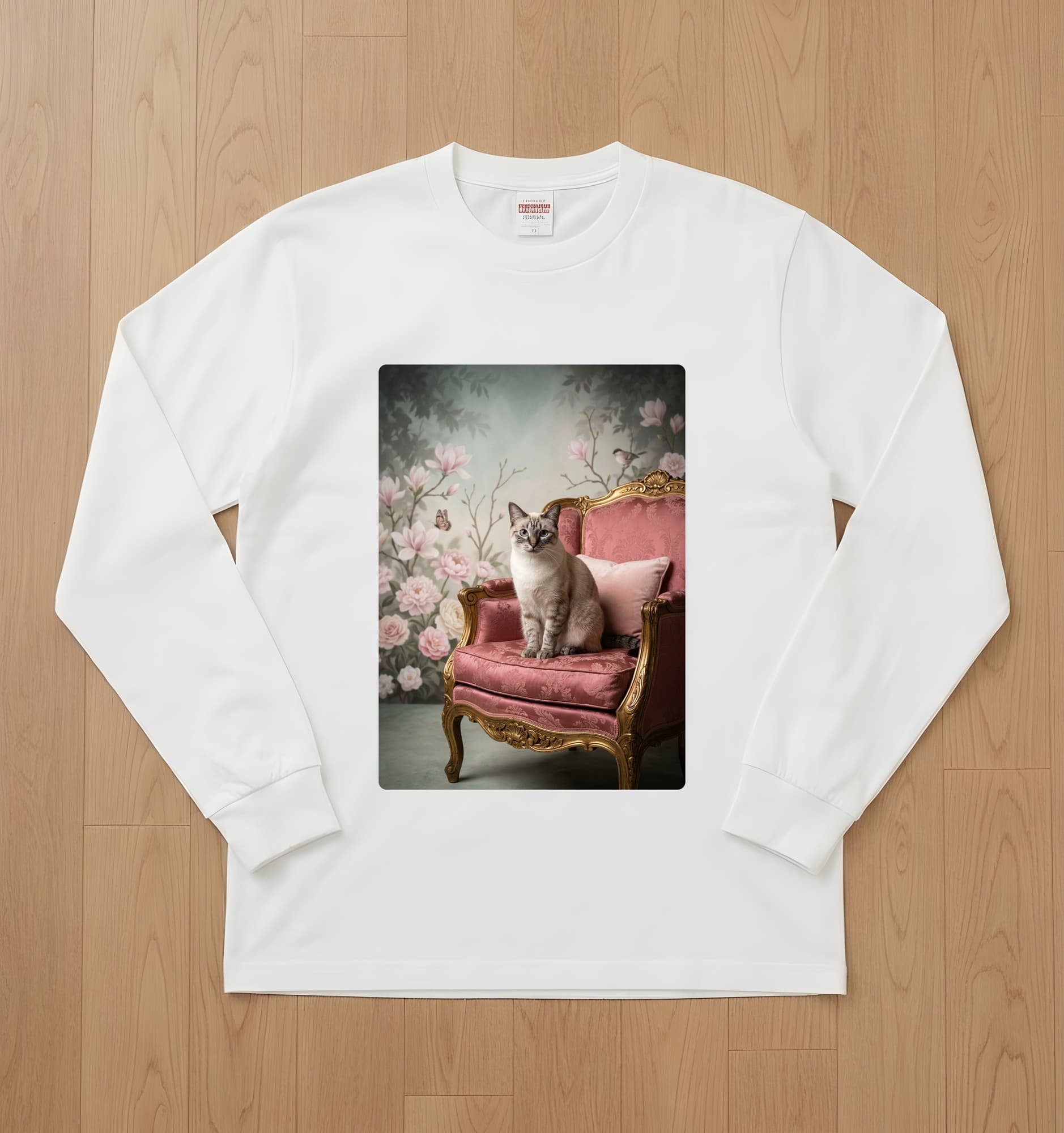 Siamese Shabby Pink Oil-Painting Rococo Long Sleeve T-Shirt (White)