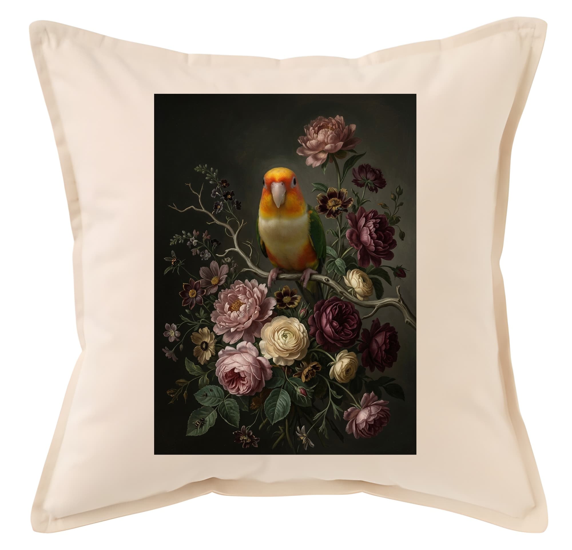 White-bellied Caique Floral Oil-Painting Floral Cushion