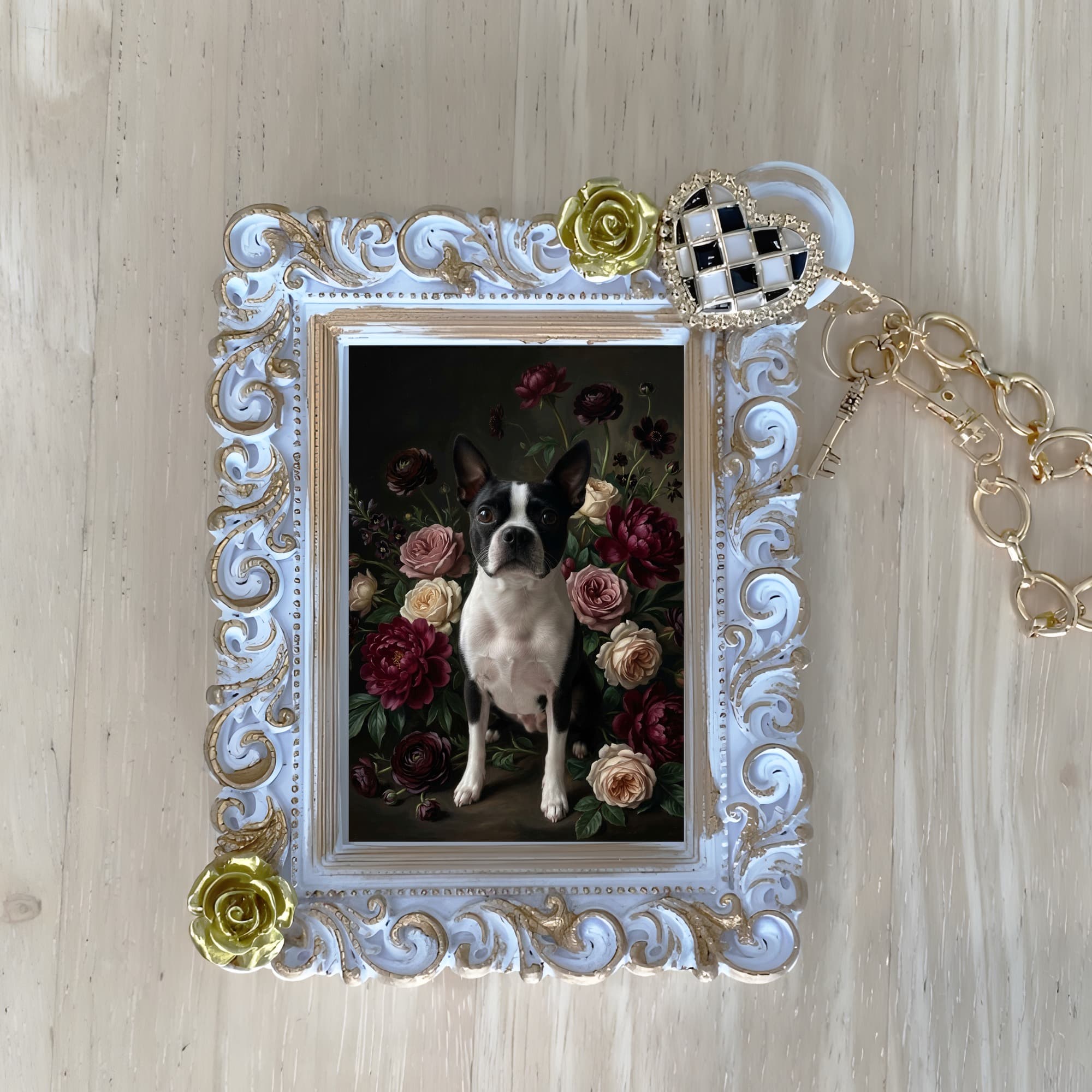 Boston terrier Floral Oil-Painting Floral Bag Charm (White)
