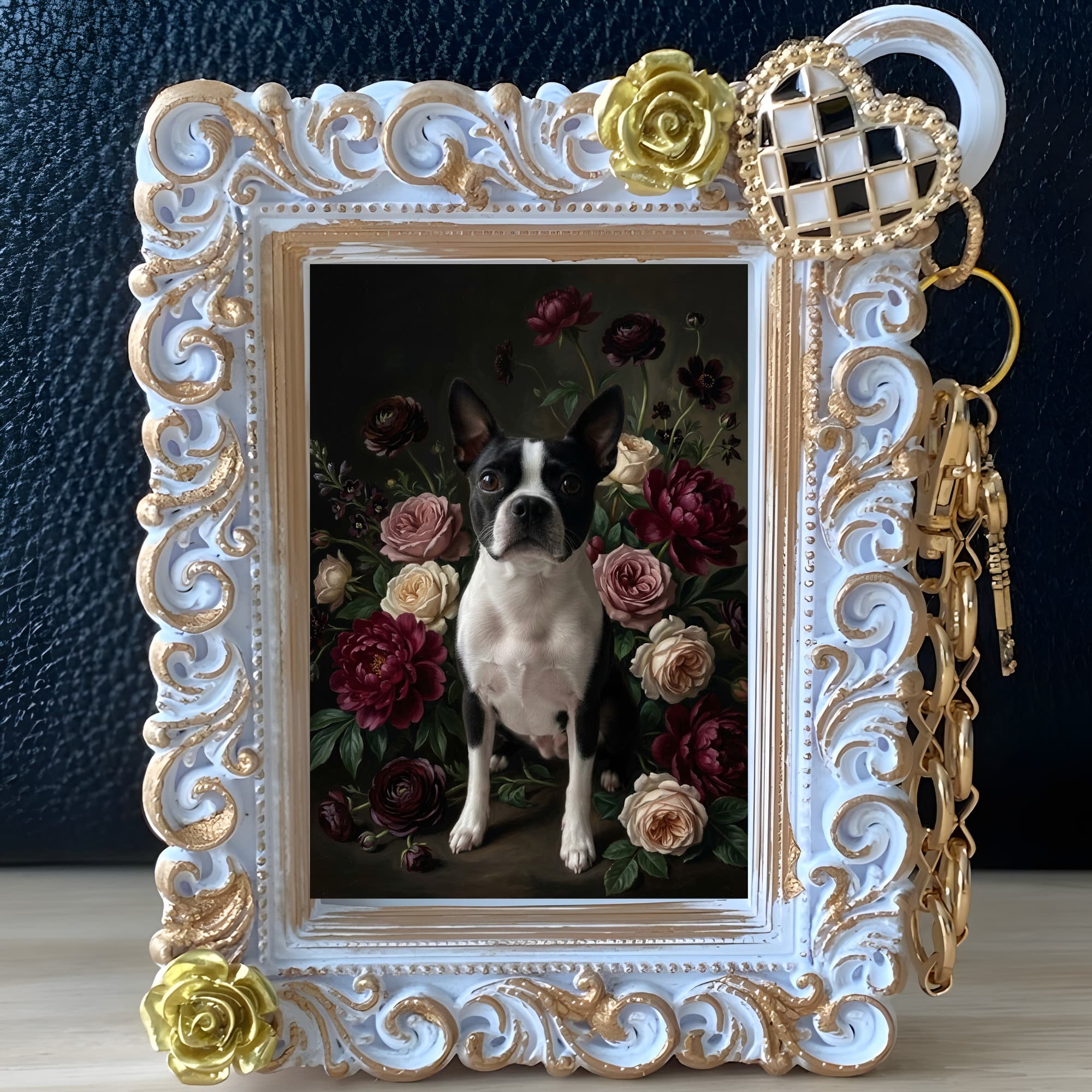 Boston terrier Floral Oil-Painting Floral Bag Charm (White) 2