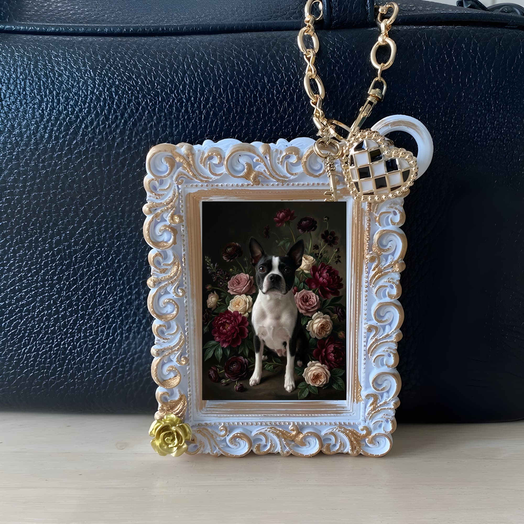 Boston terrier Floral Oil-Painting Floral Bag Charm (White) 3