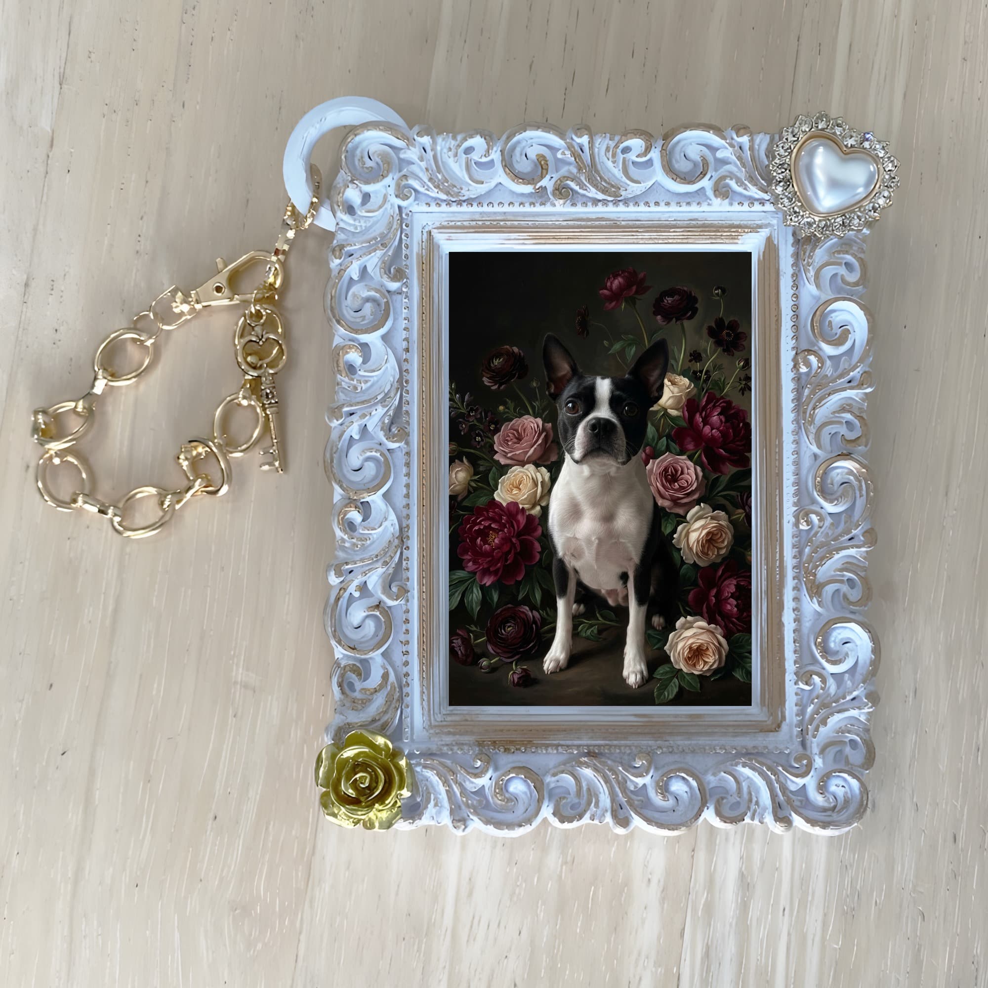 Boston terrier Floral Oil-Painting Floral Bag Charm (White) 4