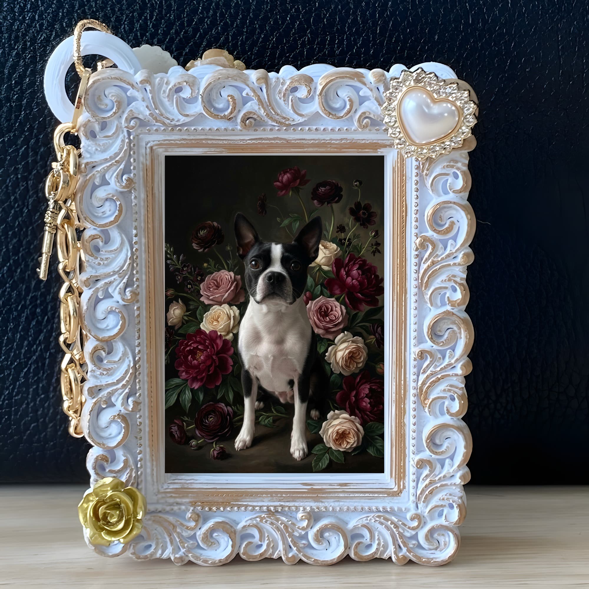 Boston terrier Floral Oil-Painting Floral Bag Charm (White) 5
