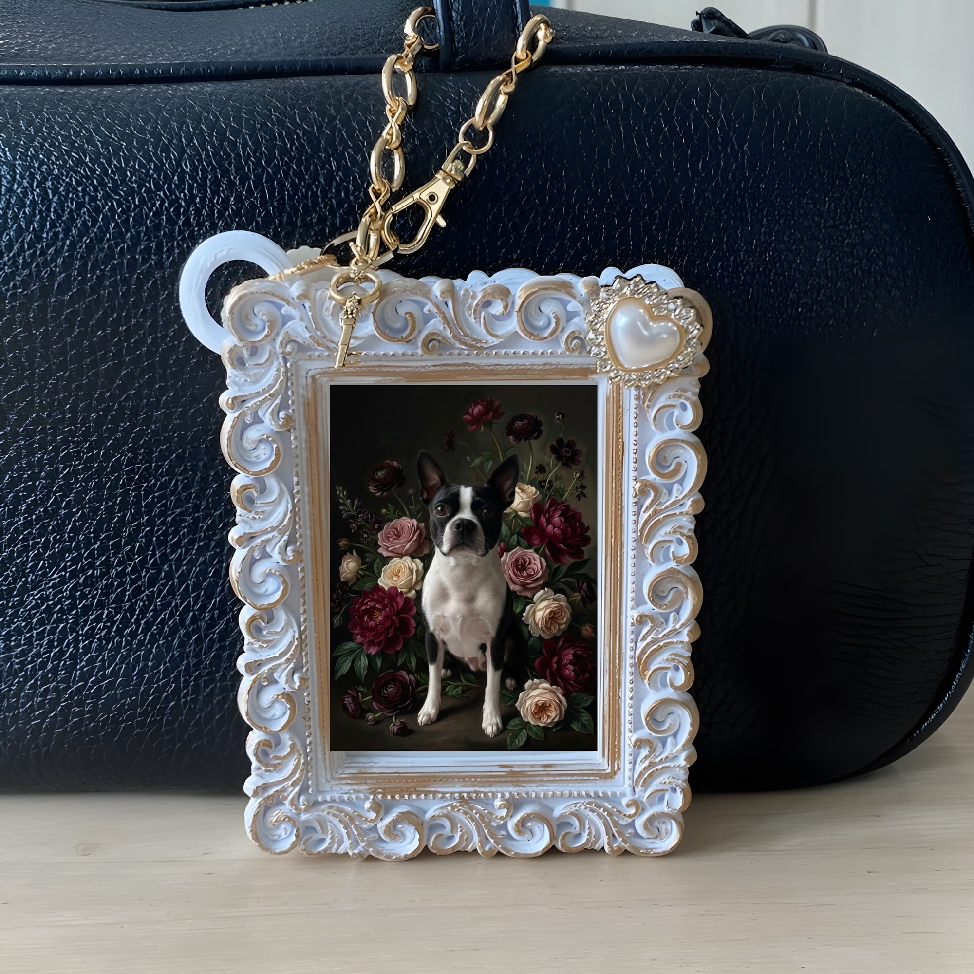 Boston terrier Floral Oil-Painting Floral Bag Charm (White) 6
