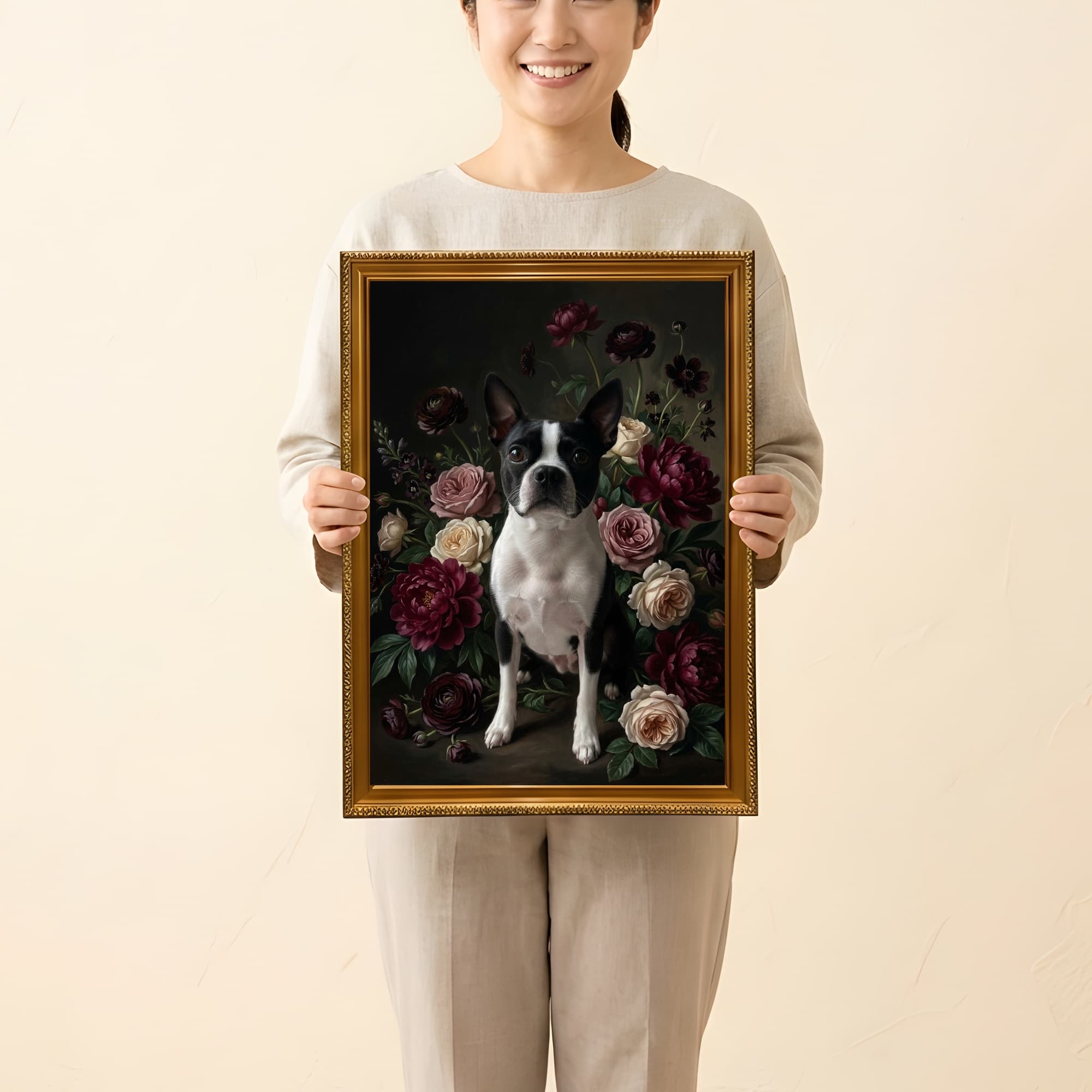 ボストンテリアの花の油絵風アート花柄額装プリント(A3サイズ) 2
