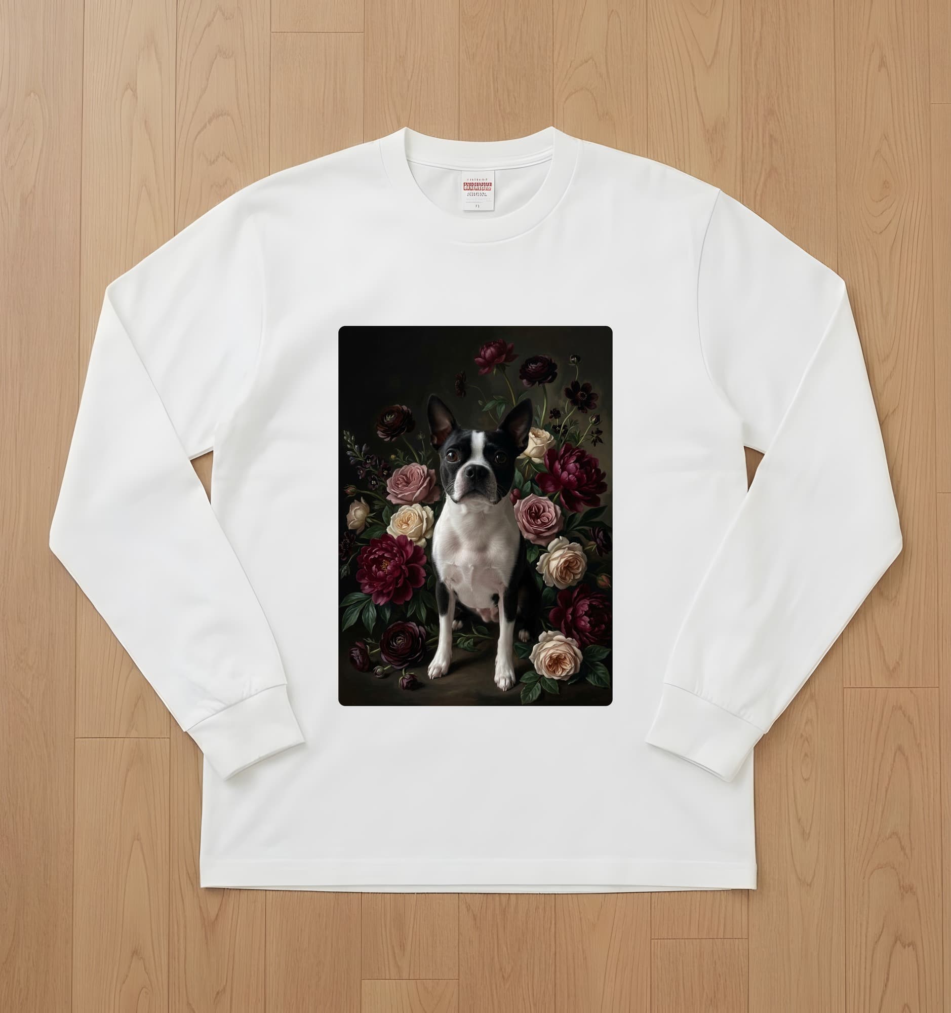 ボストンテリアの花の油絵風アート花柄長袖Tシャツ(ホワイト)