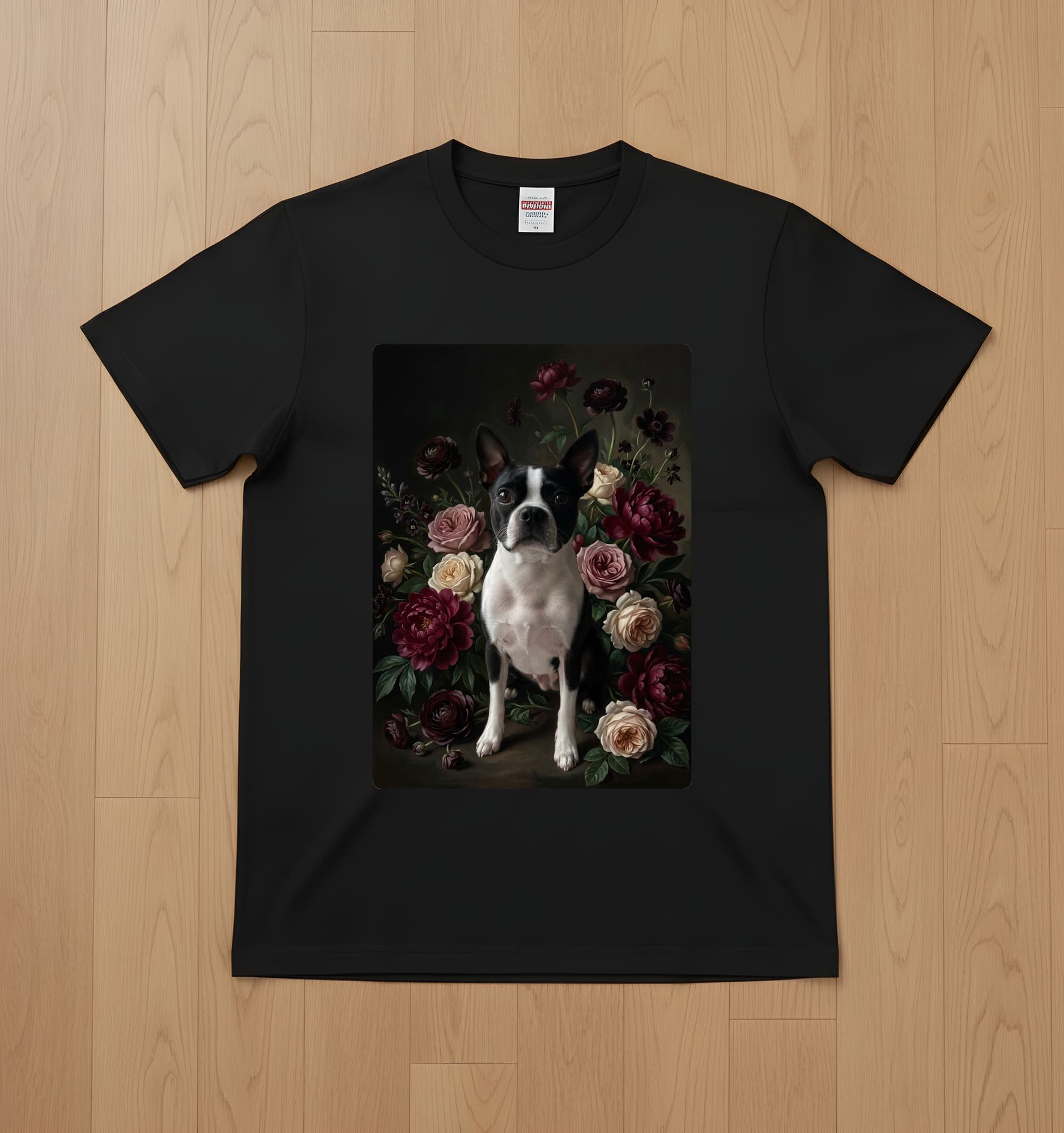 Boston terrier Floral Oil-Painting Floral T-Shirt (Black)