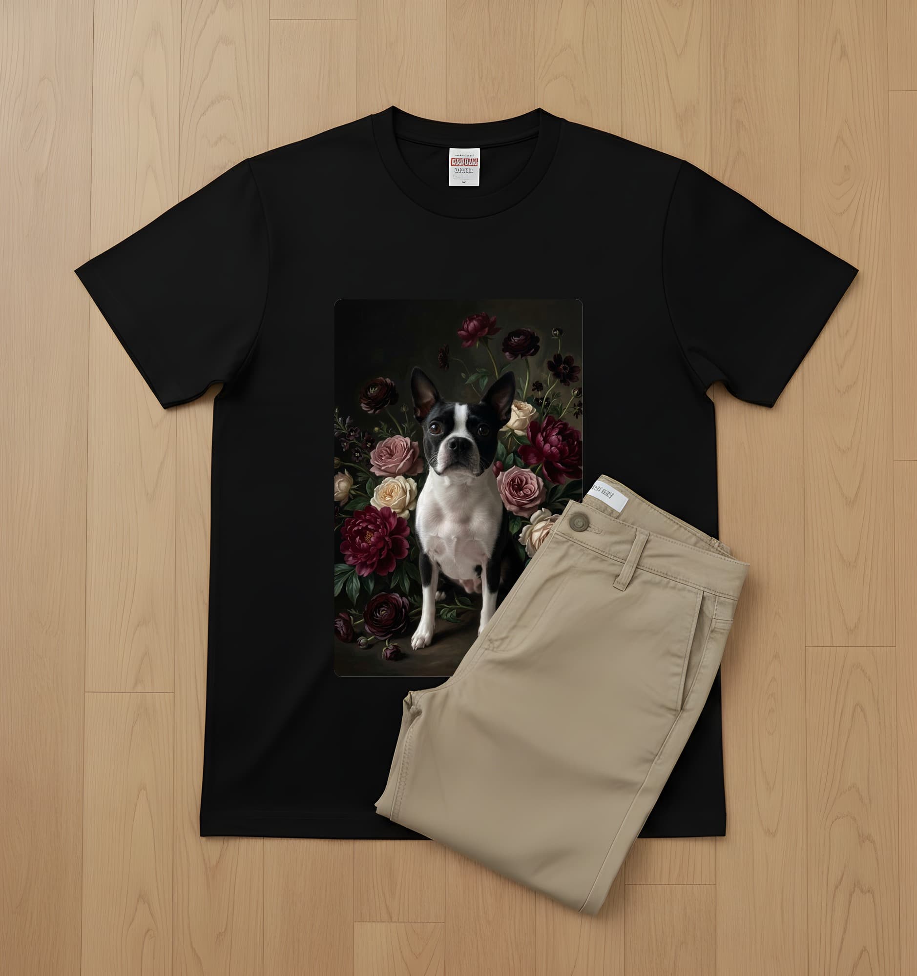 Boston terrier Floral Oil-Painting Floral T-Shirt (Black) 2