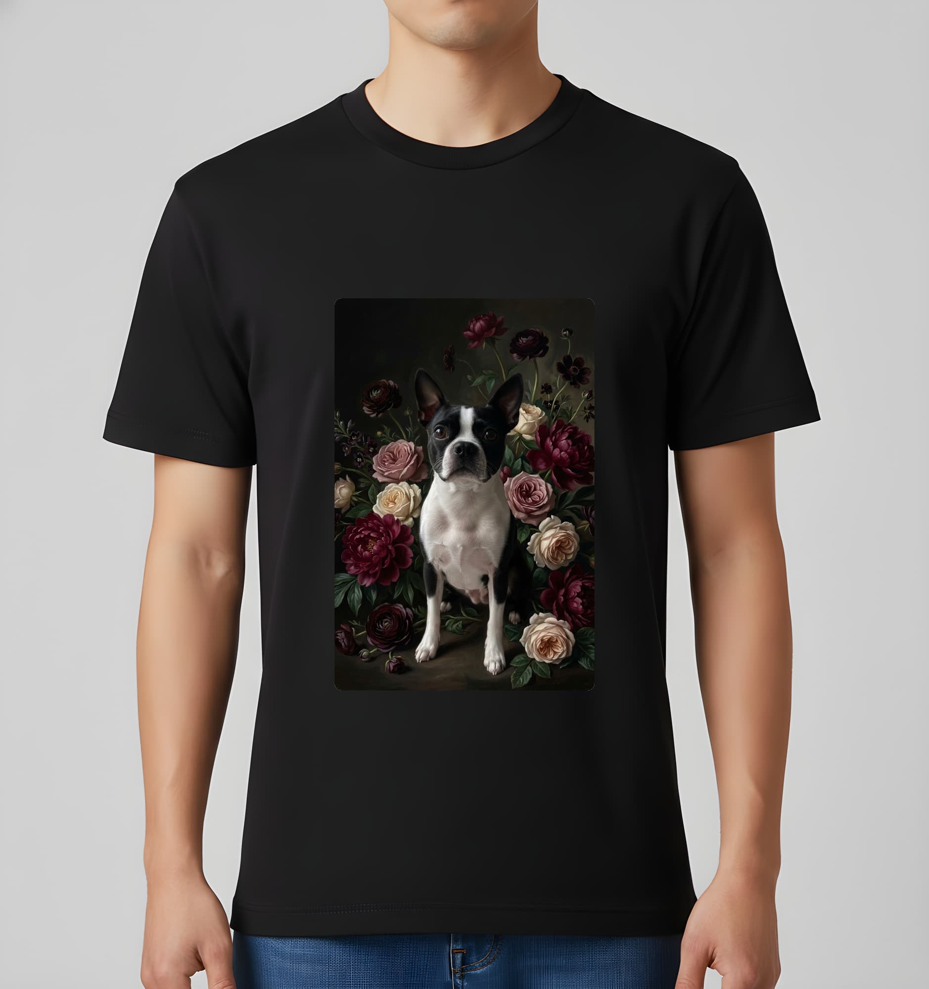 Boston terrier Floral Oil-Painting Floral T-Shirt (Black) 3