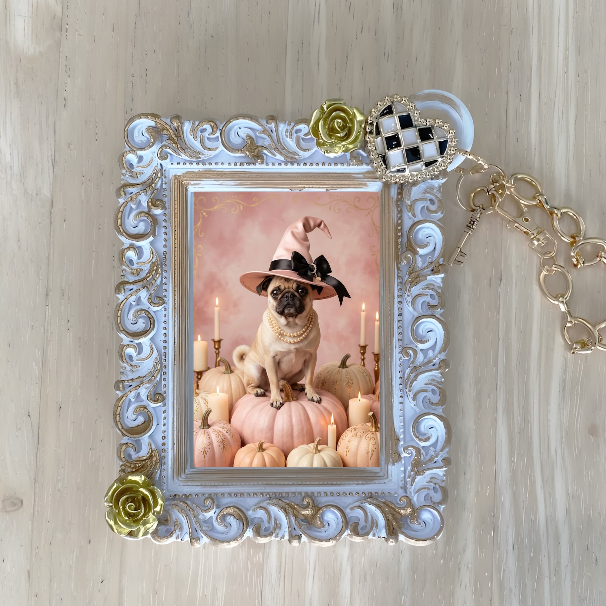 pug Pumpkin & Candlelight Oil-Painting Halloween Bag Charm (White)