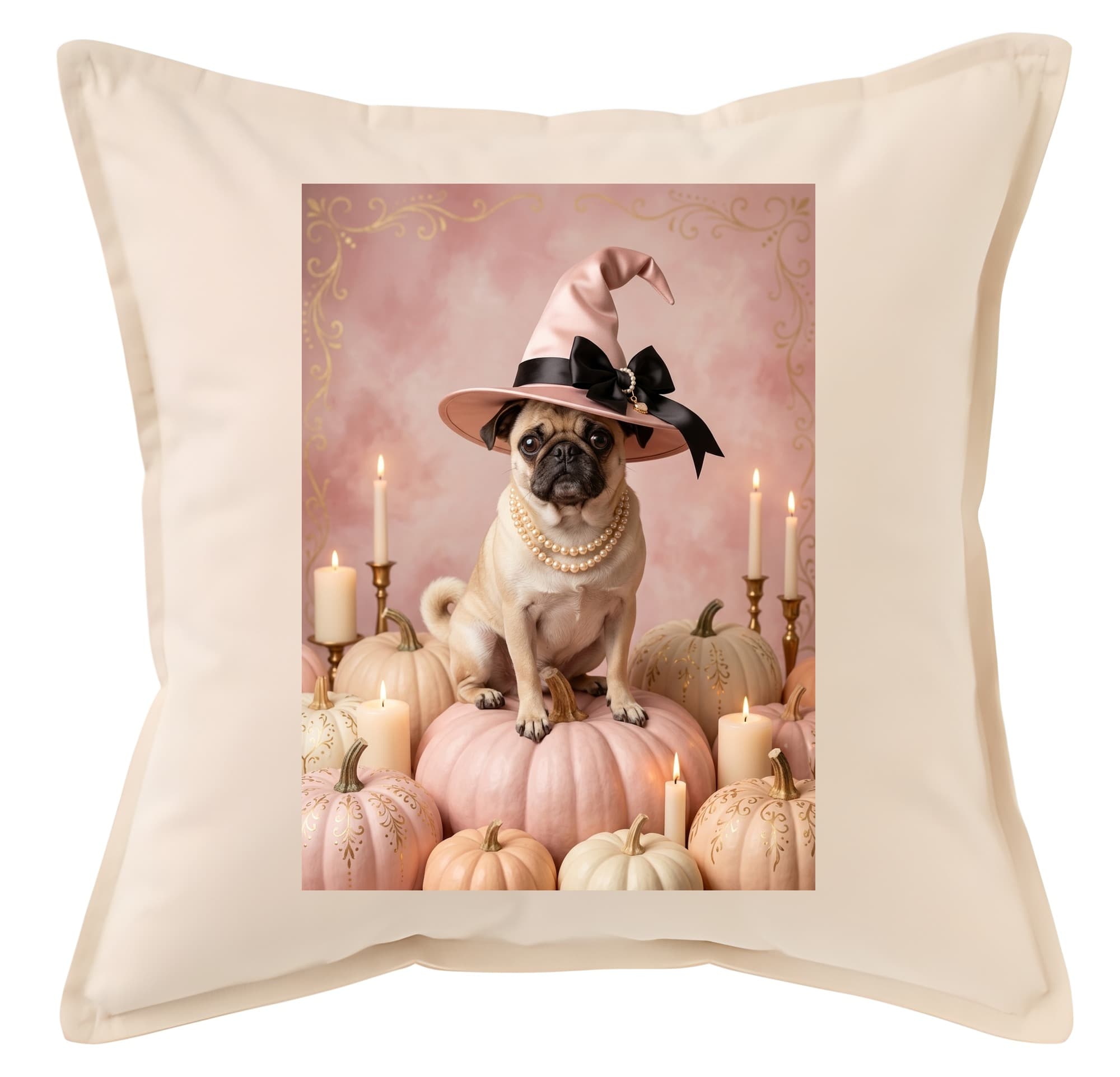pug Pumpkin & Candlelight Oil-Painting Halloween Cushion