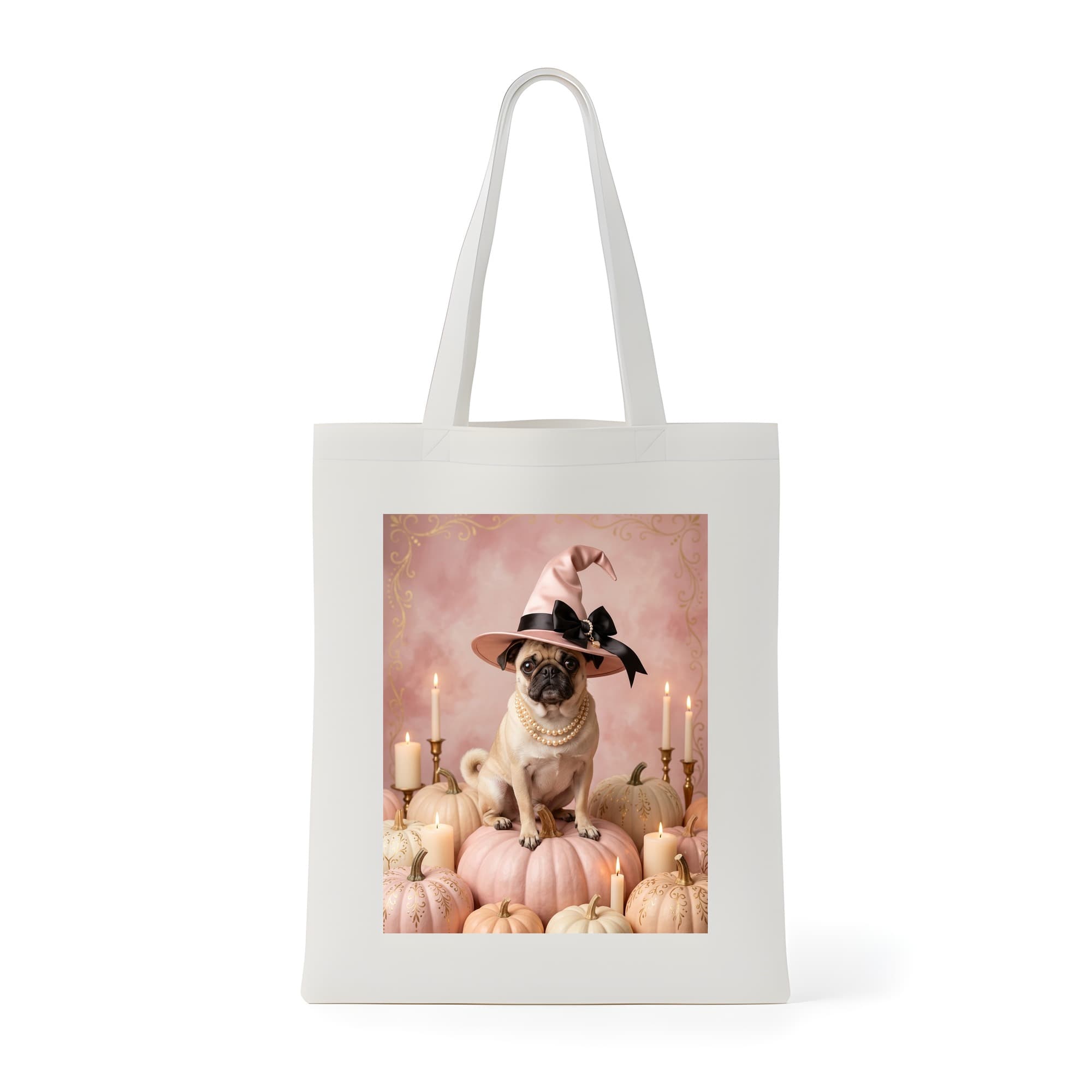 pug Pumpkin & Candlelight Oil-Painting Halloween Tote Bag
