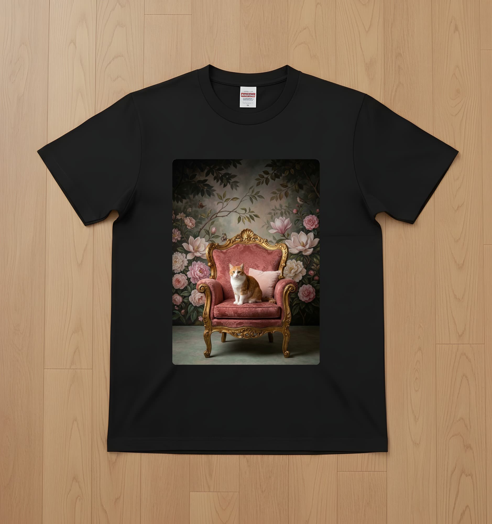 マンチカンのシャビーピンクの油絵風アートロココ調Tシャツ(ブラック)