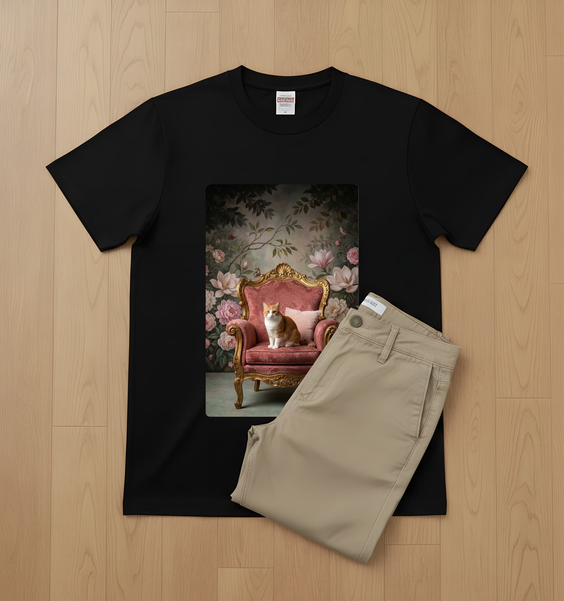 マンチカンのシャビーピンクの油絵風アートロココ調Tシャツ(ブラック) 2