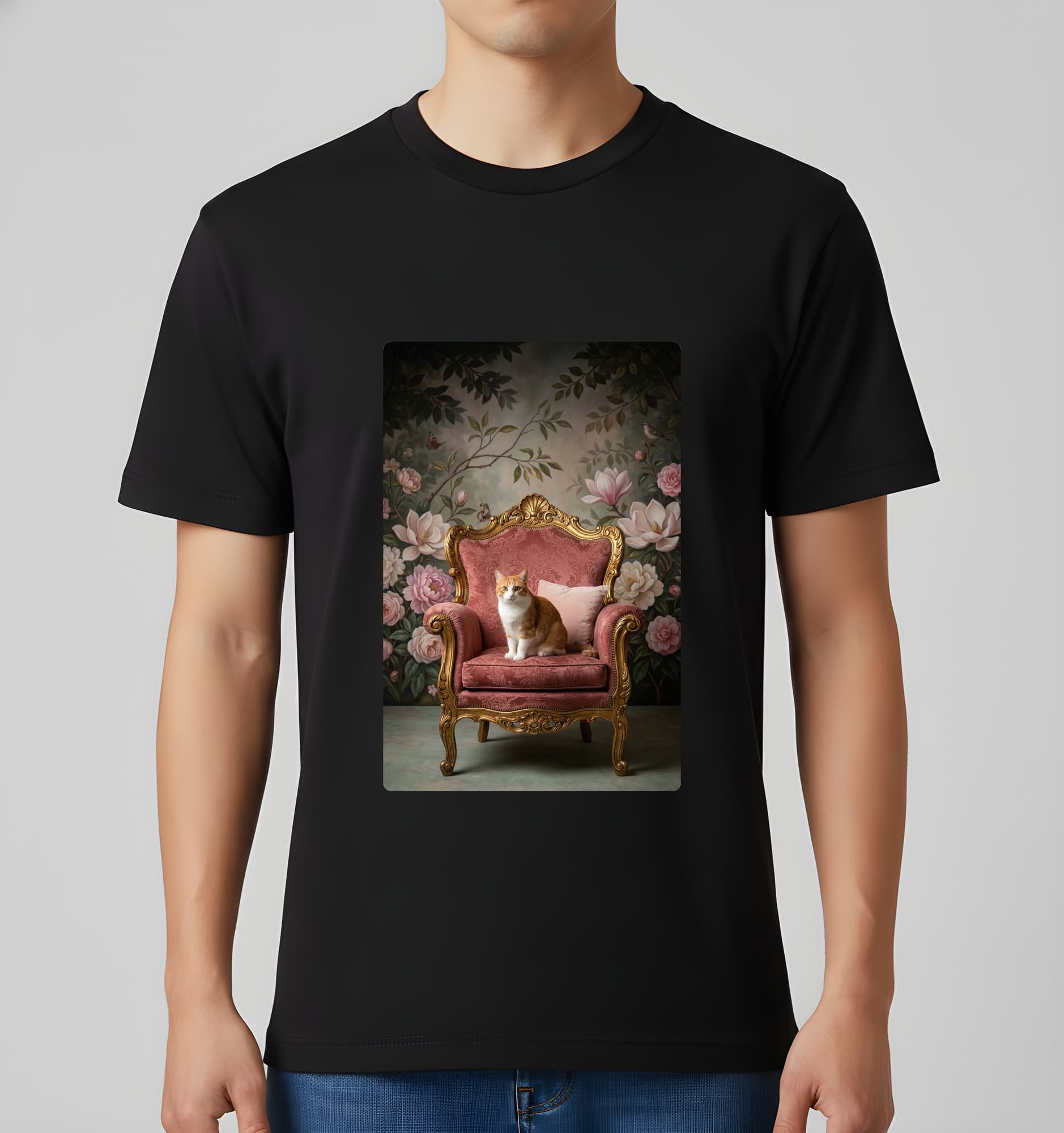 マンチカンのシャビーピンクの油絵風アートロココ調Tシャツ(ブラック) 3