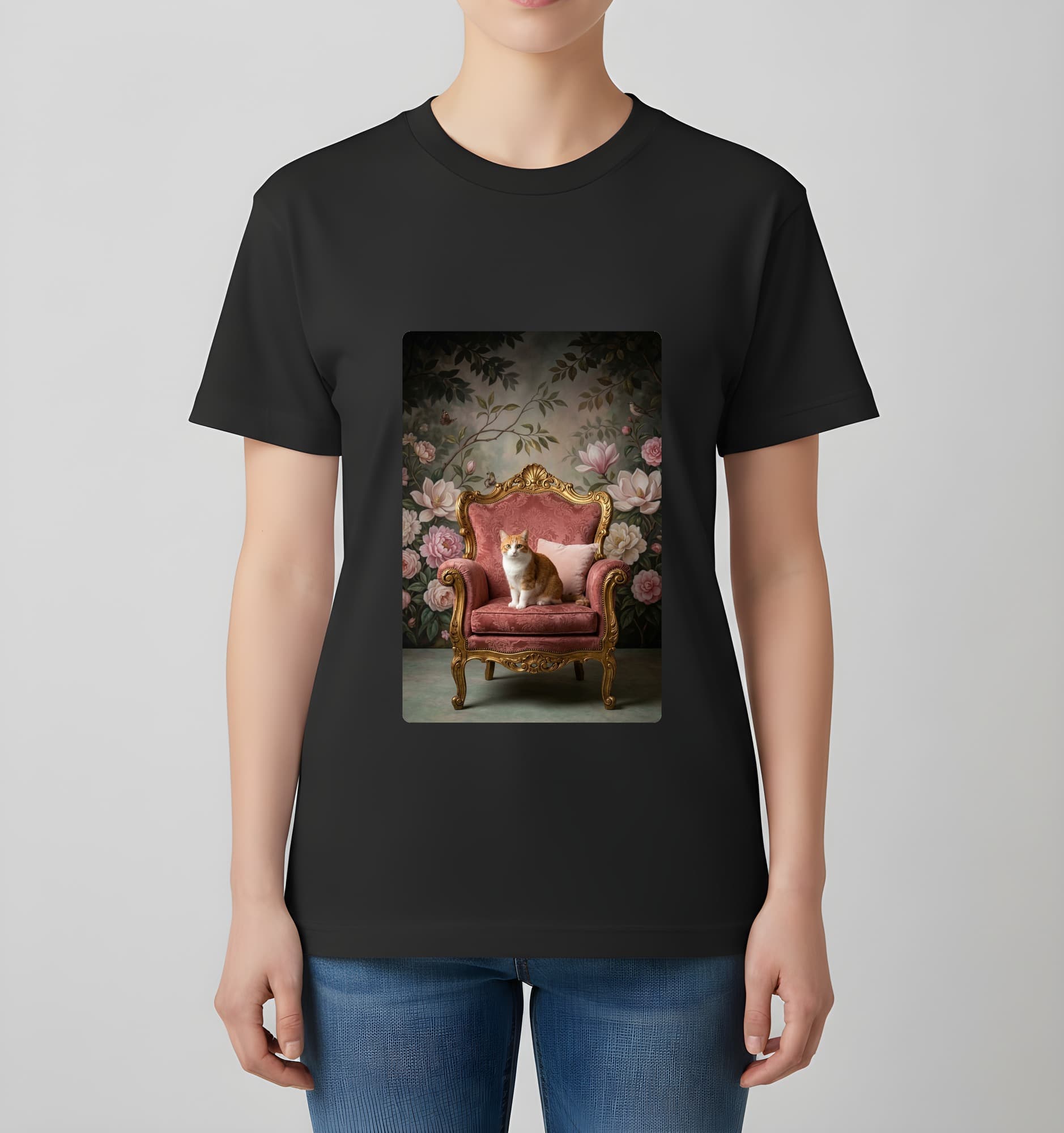 マンチカンのシャビーピンクの油絵風アートロココ調Tシャツ(ブラック) 4