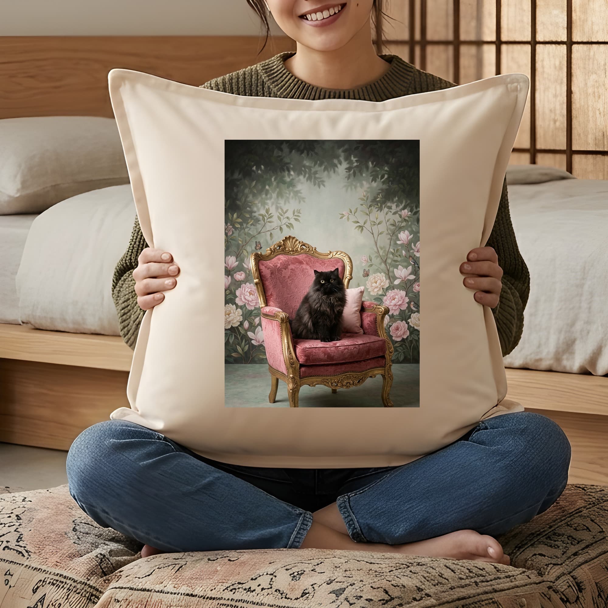 ペルシャ猫のシャビーピンクの油絵風アートロココ調クッション 3