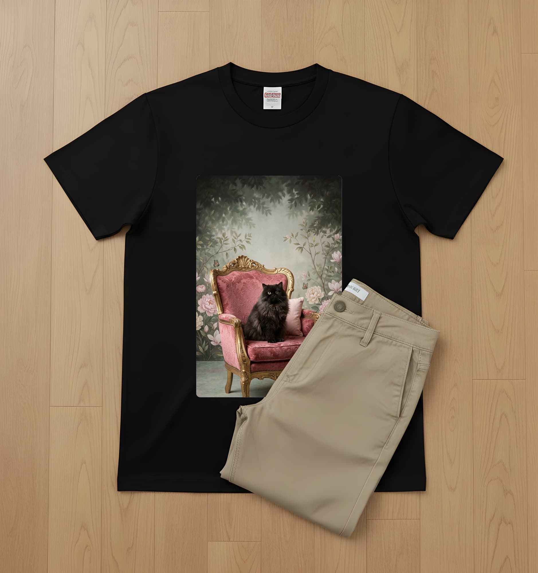 ペルシャ猫のシャビーピンクの油絵風アートロココ調Tシャツ(ブラック) 2