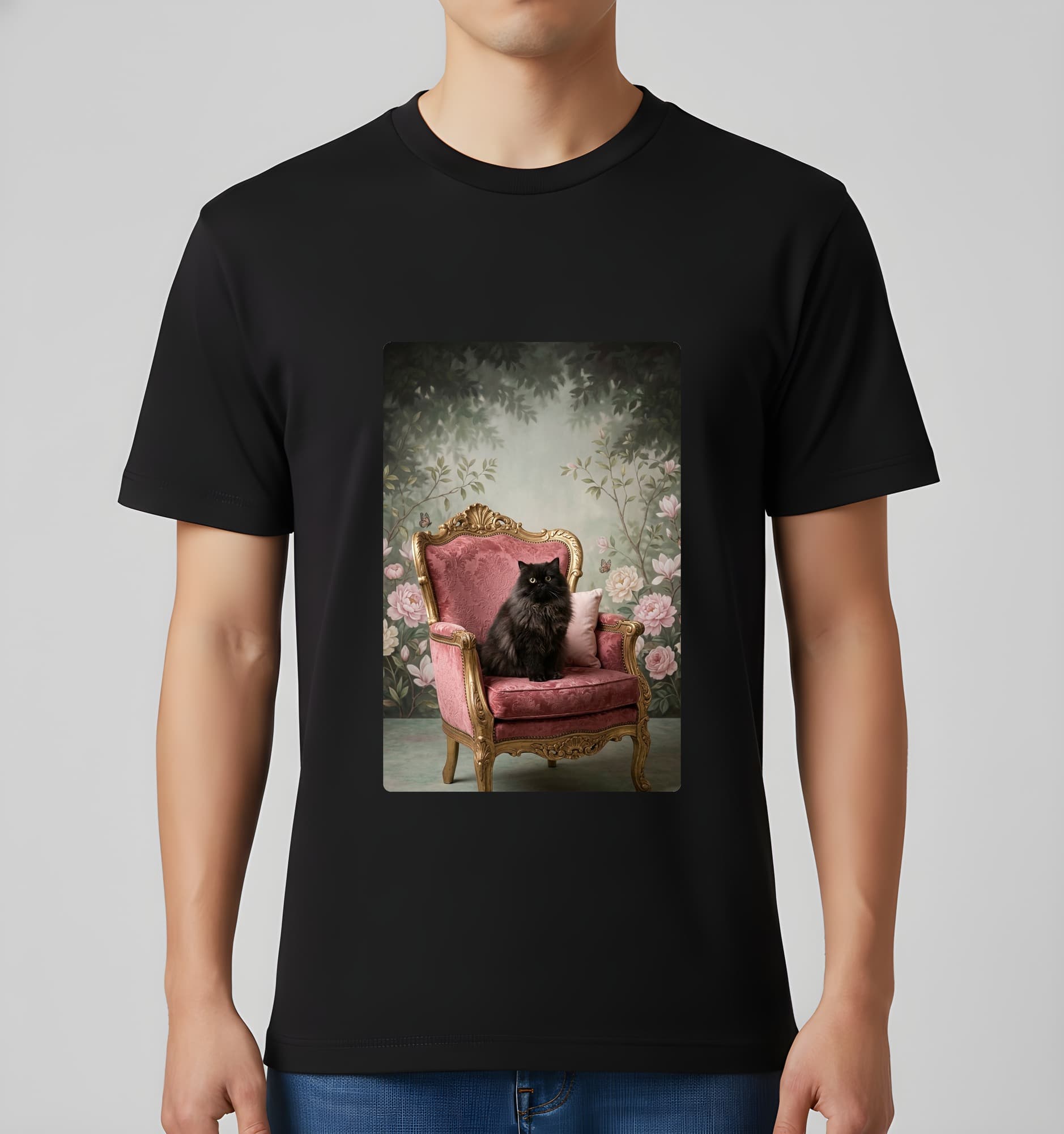 ペルシャ猫のシャビーピンクの油絵風アートロココ調Tシャツ(ブラック) 3