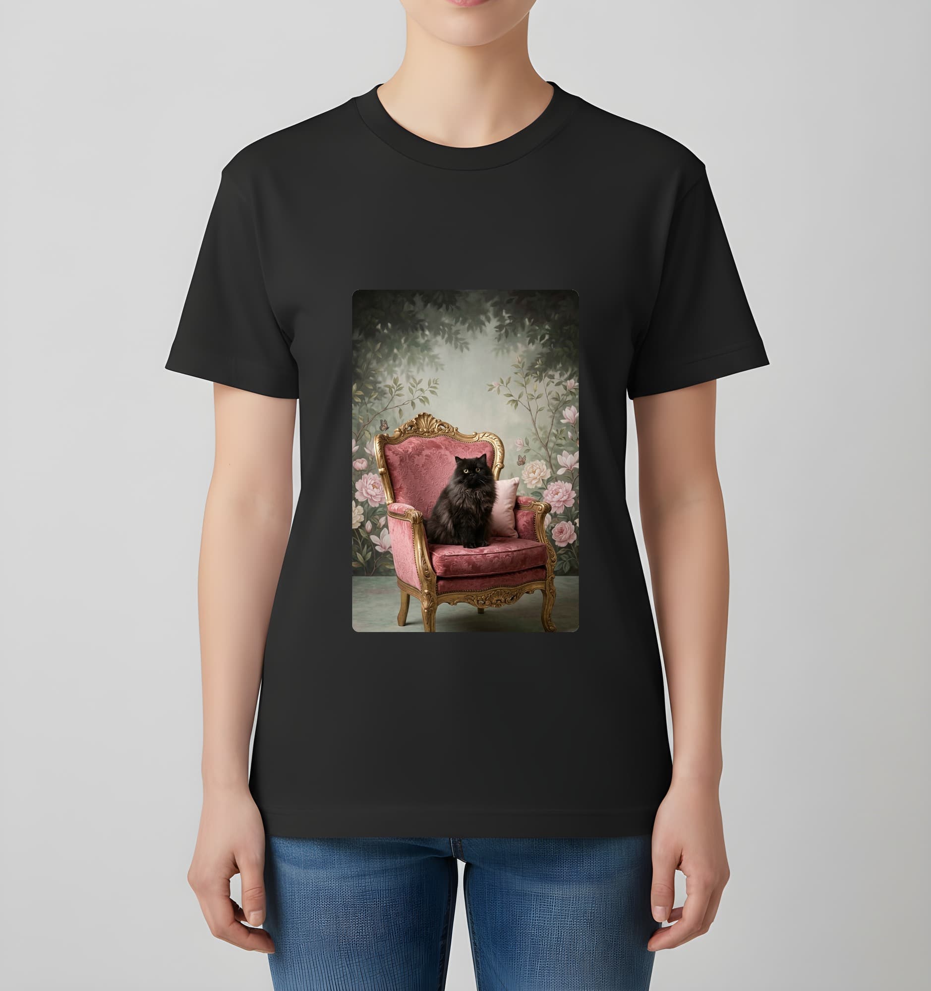 ペルシャ猫のシャビーピンクの油絵風アートロココ調Tシャツ(ブラック) 4