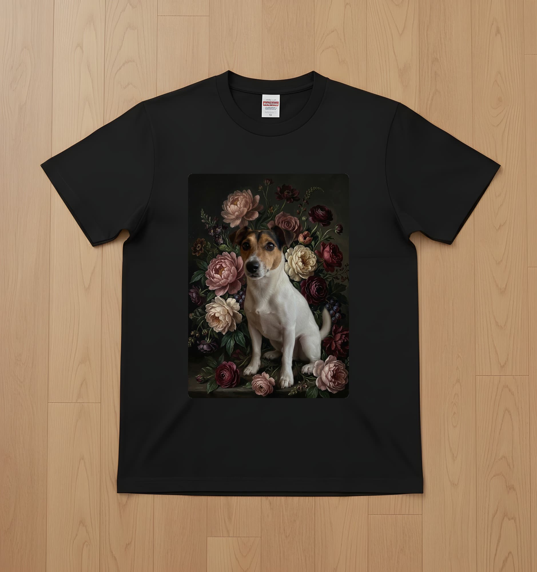 ジャックラッセルテリアの花の油絵風アート花柄Tシャツ(ブラック)