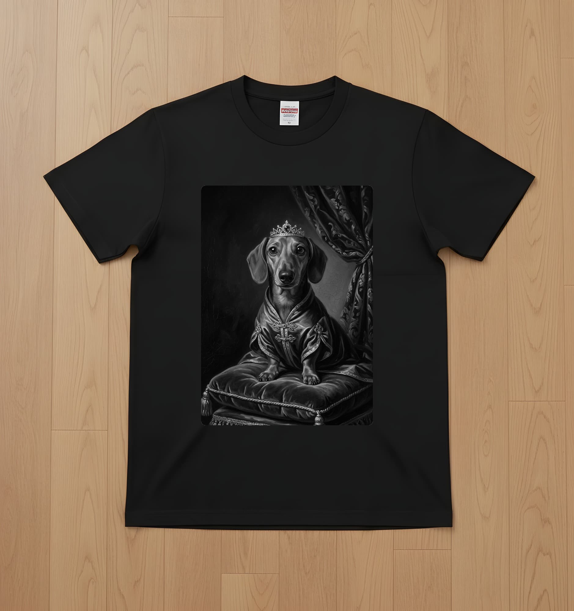 ミニチュアダックスフンドのルネサンス肖像画Tシャツ(ブラック・モノクロプリント・額縁なし)