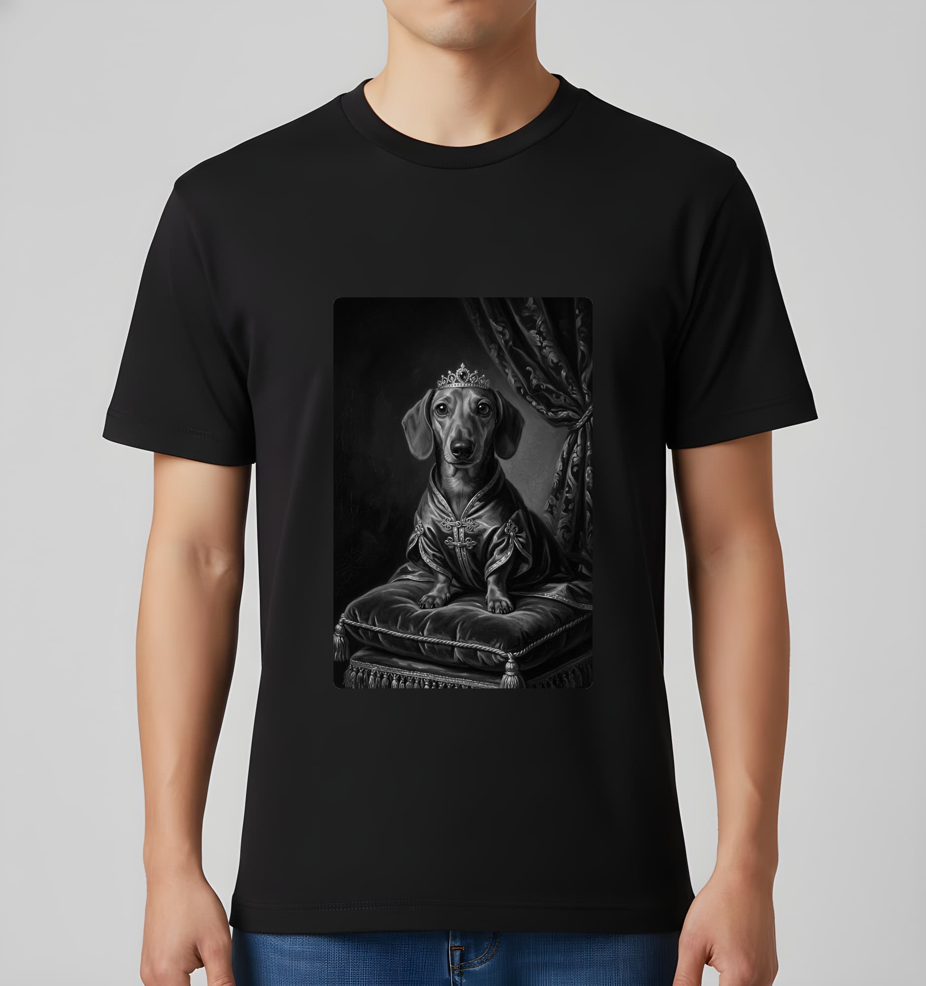 ミニチュアダックスフンドのルネサンス肖像画Tシャツ(ブラック・モノクロプリント・額縁なし) 3