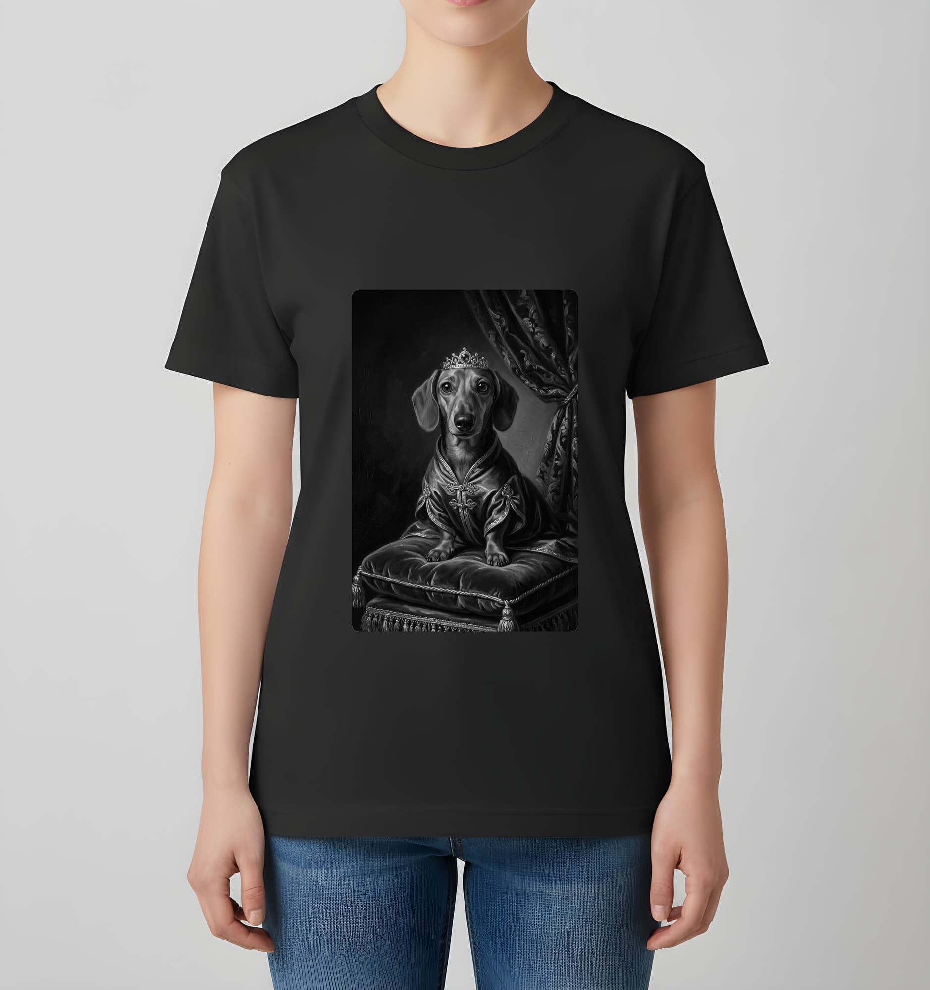 ミニチュアダックスフンドのルネサンス肖像画Tシャツ(ブラック・モノクロプリント・額縁なし) 4