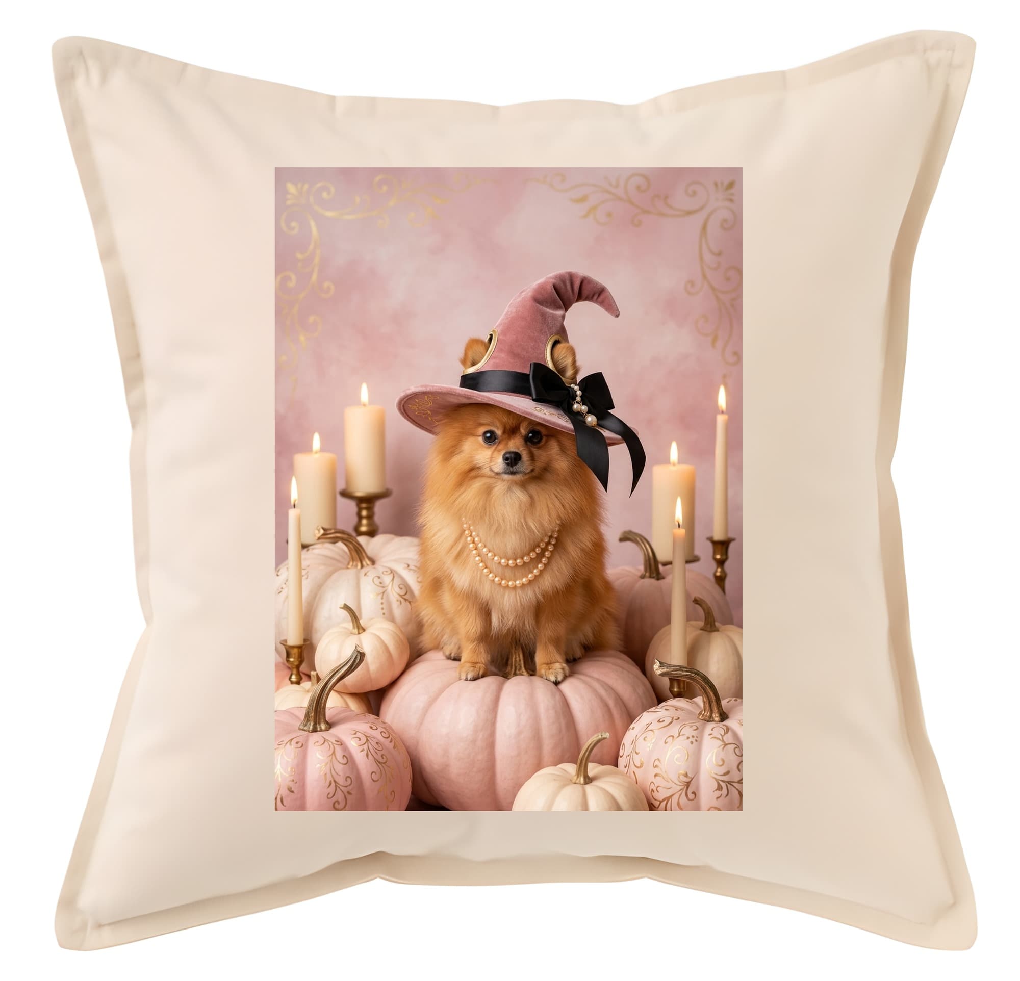 Pomeranian Pumpkin & Candlelight Oil-Painting Halloween Cushion