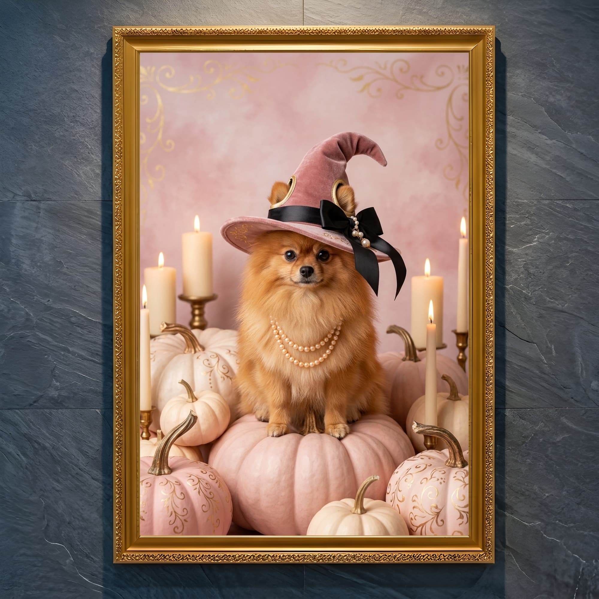 ポメラニアンのかぼちゃとキャンドルの油絵風アートハロウィン額装プリント(A4金縁)