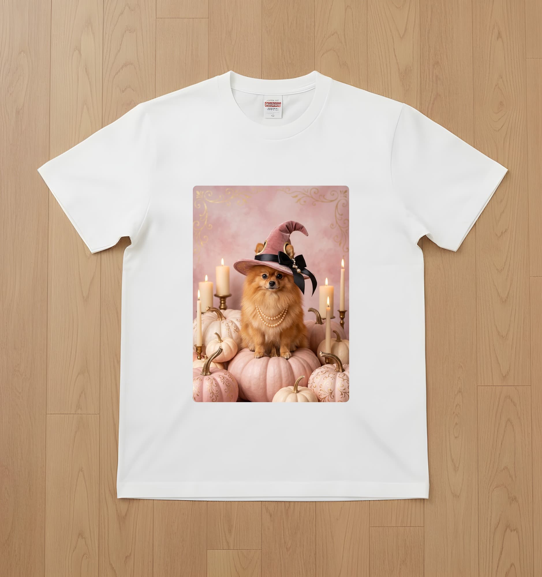 Pomeranian Pumpkin & Candlelight Oil-Painting Halloween T-Shirt (White)