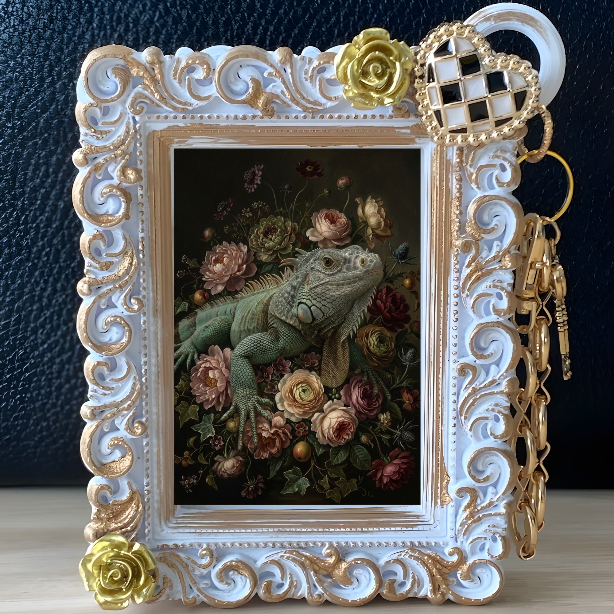 ブルーイグアナの花の油絵風アート花柄バッグチャーム(ホワイト) 2