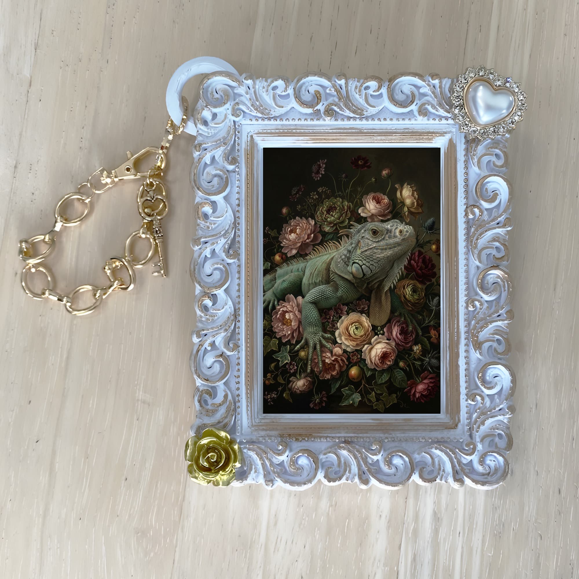 ブルーイグアナの花の油絵風アート花柄バッグチャーム(ホワイト) 4