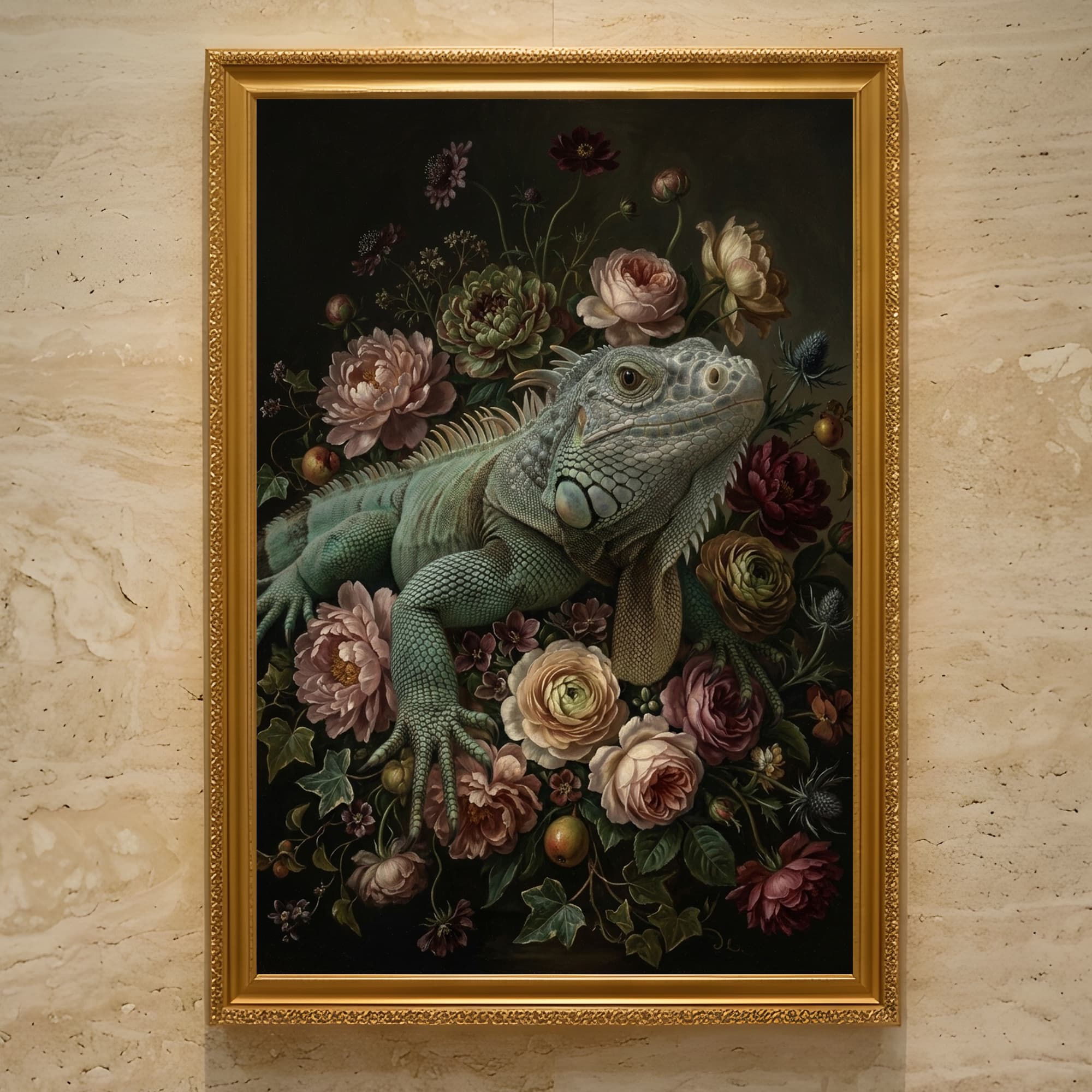 ブルーイグアナの花の油絵風アート花柄額装プリント(A3サイズ)