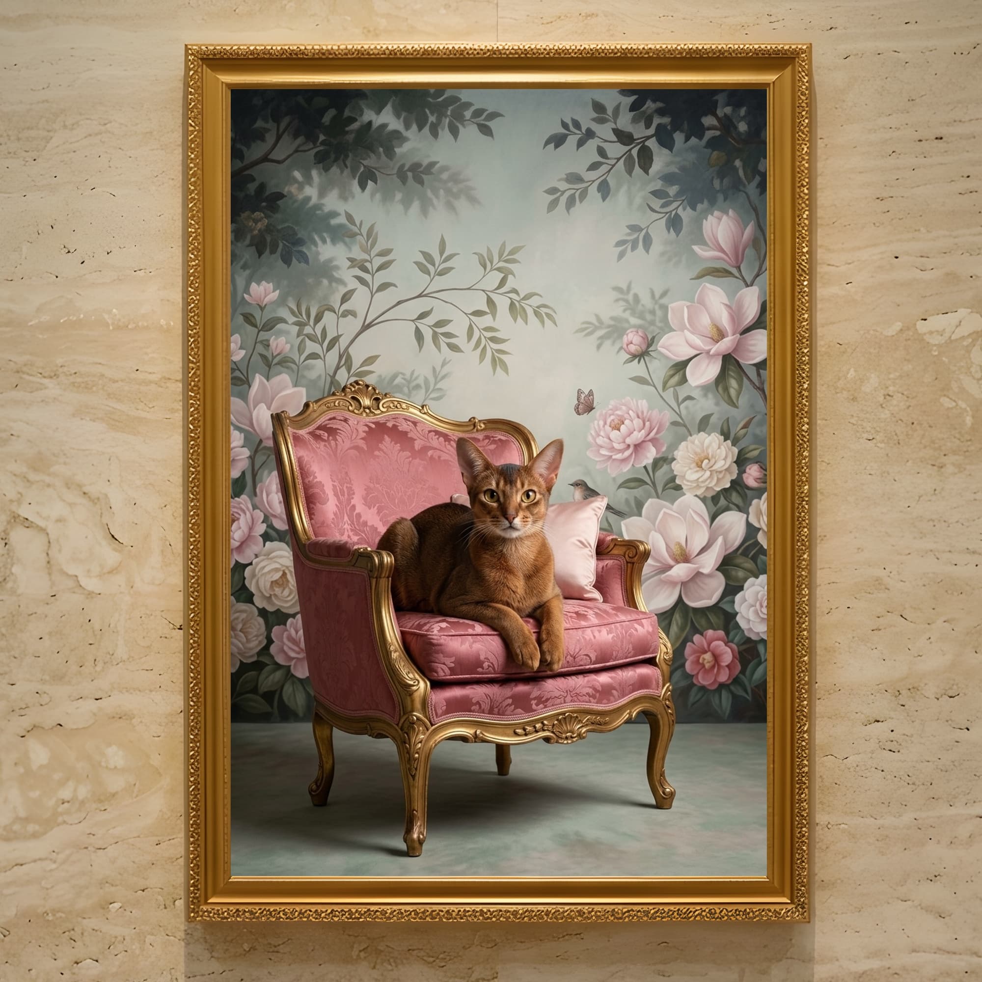 アビシニアンのシャビーピンクの油絵風アートロココ調額装プリント(A3サイズ)