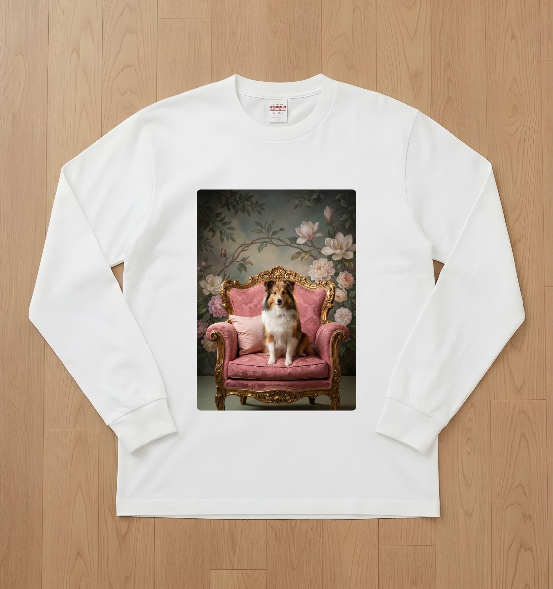 Shetland sheepdog Shabby Pink Oil-Painting Rococo Long Sleeve T-Shirt (White)