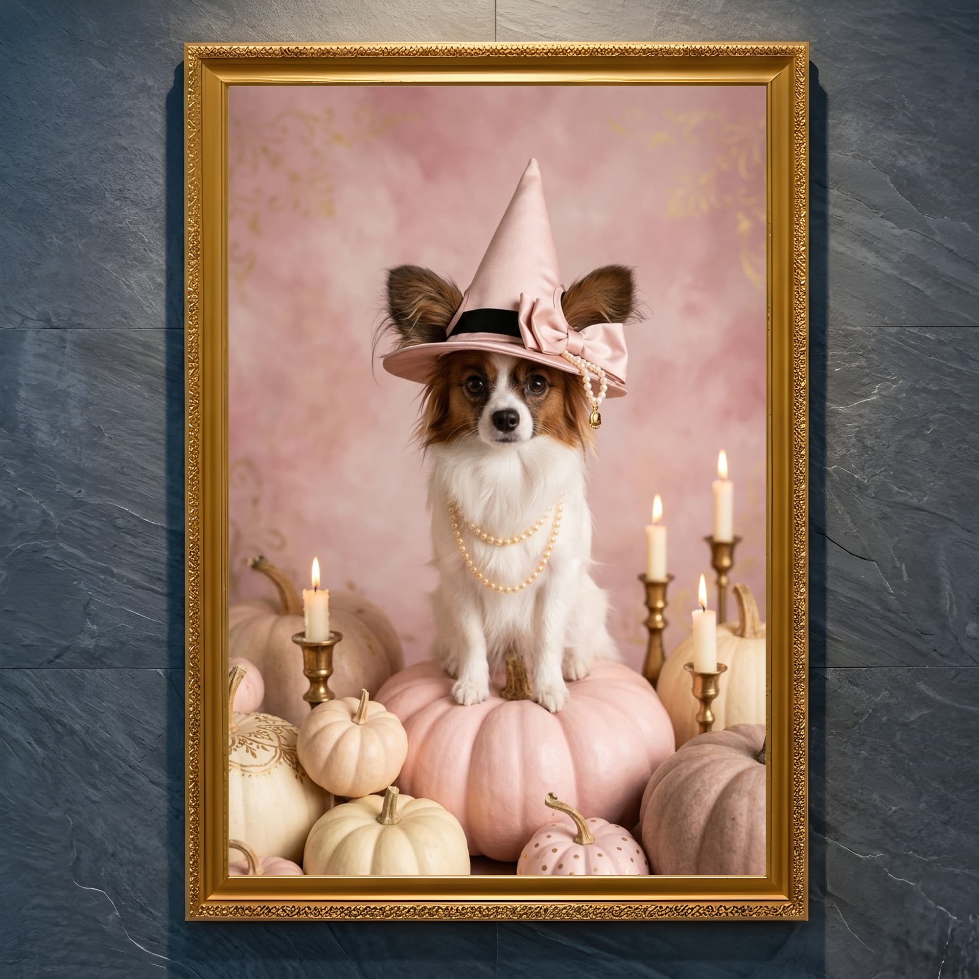 papillon Pumpkin & Candlelight Oil-Painting Halloween Framed Art Print (A4 Gold)