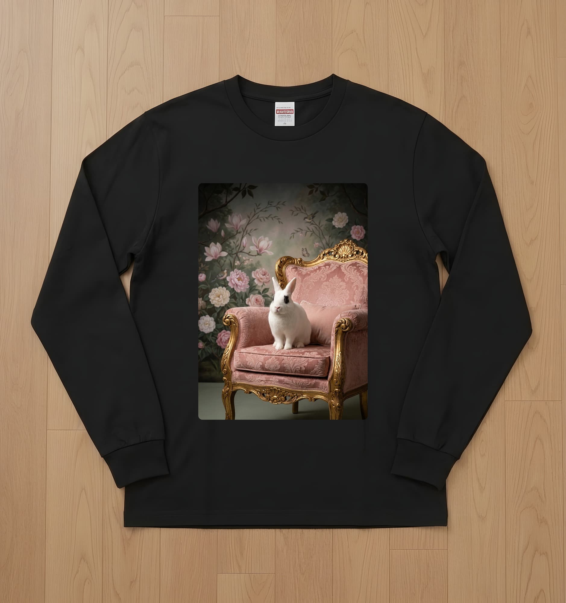 Dwarf Hotot Shabby Pink Oil-Painting Rococo Long Sleeve T-Shirt (Black)