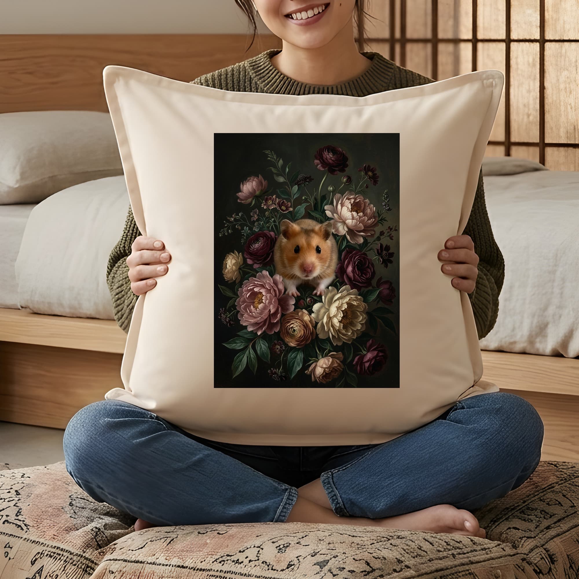 ゴールデンハムスターの花の油絵風アート花柄クッション 3