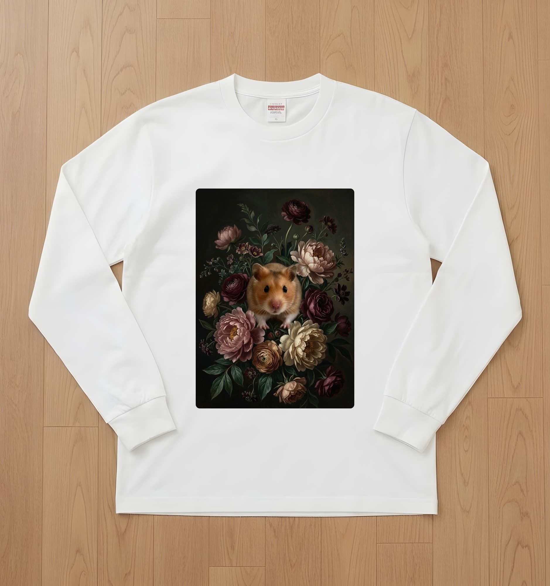 Golden hamster Floral Oil-Painting Floral Long Sleeve T-Shirt (White)